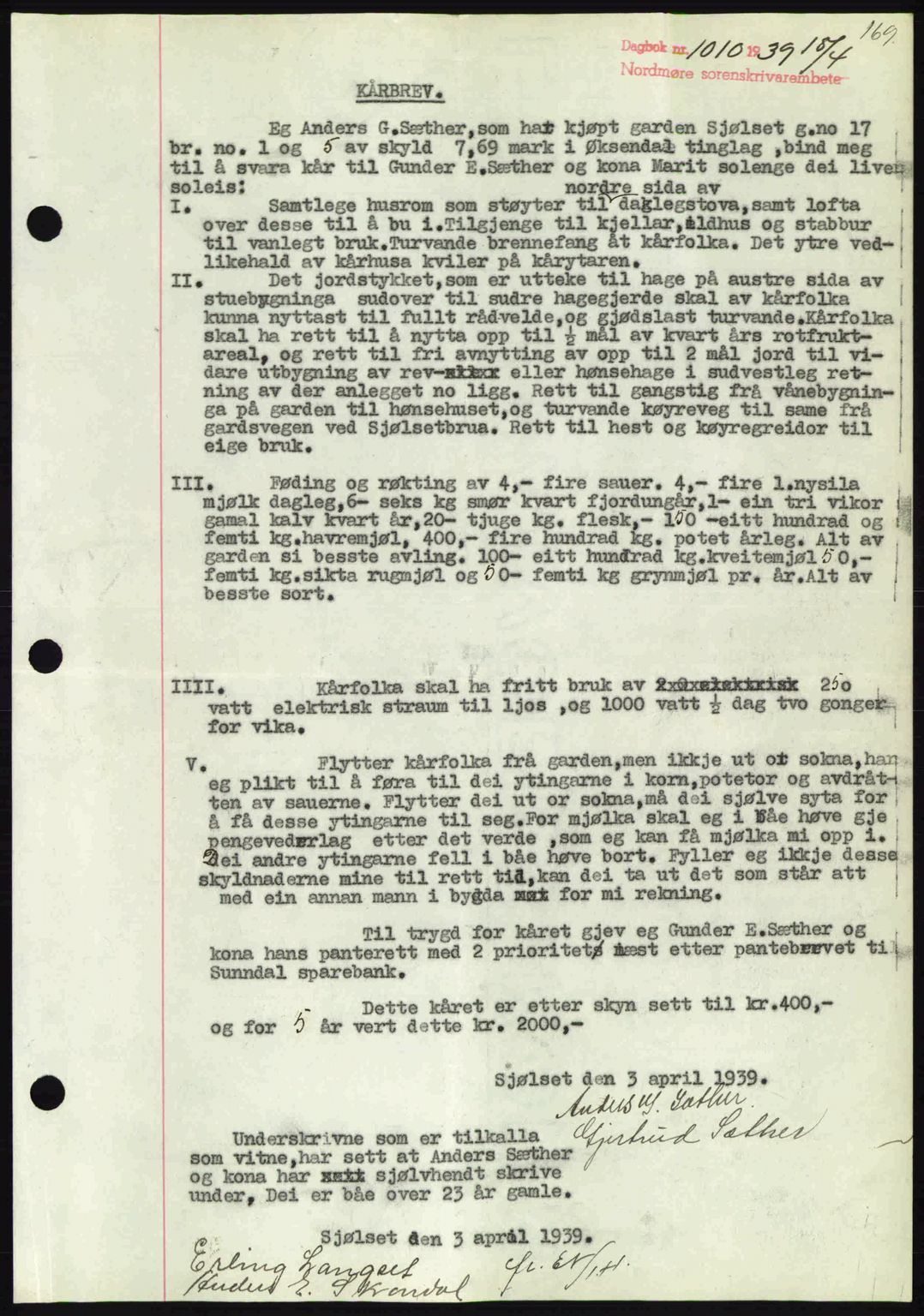 Nordmøre sorenskriveri, AV/SAT-A-4132/1/2/2Ca: Mortgage book no. B85, 1939-1939, Diary no: : 1010/1939