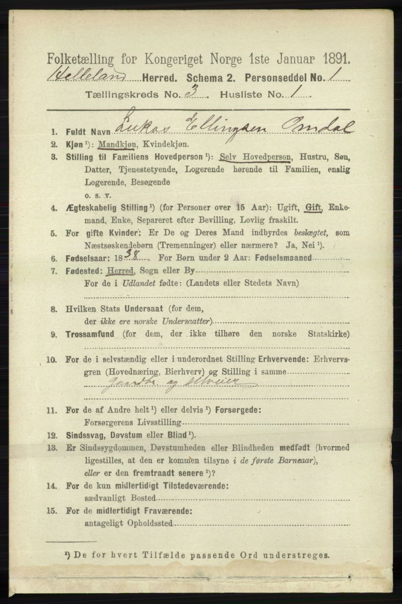 RA, 1891 census for 1115 Helleland, 1891, p. 839