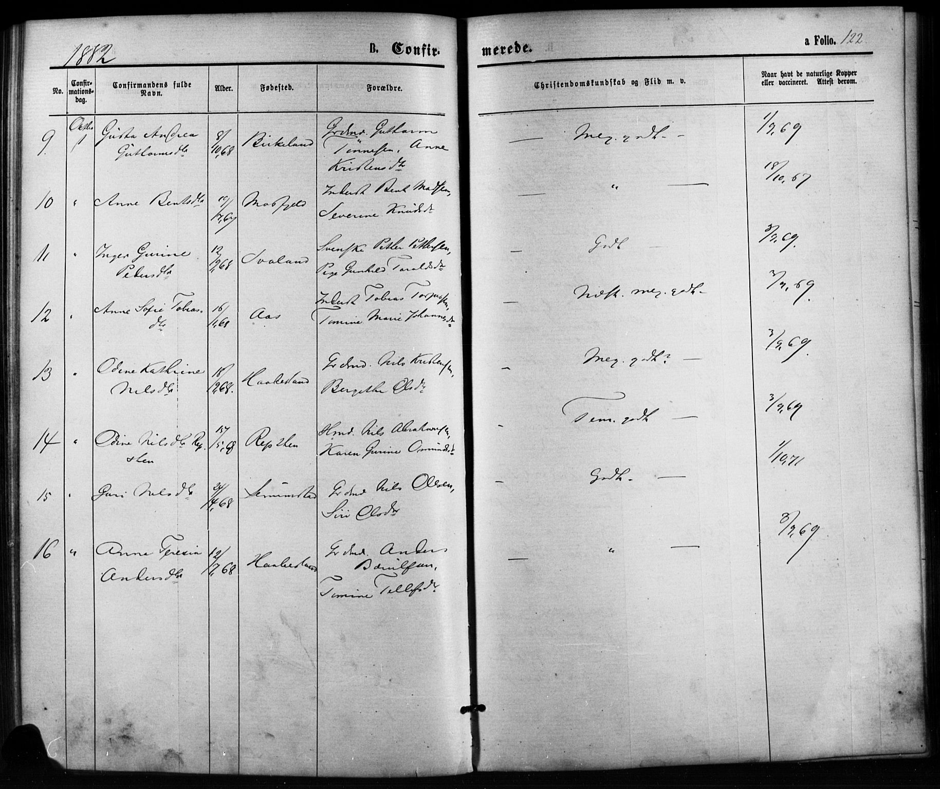 Birkenes sokneprestkontor, AV/SAK-1111-0004/F/Fb/L0003: Parish register (copy) no. B 3, 1876-1892, p. 122