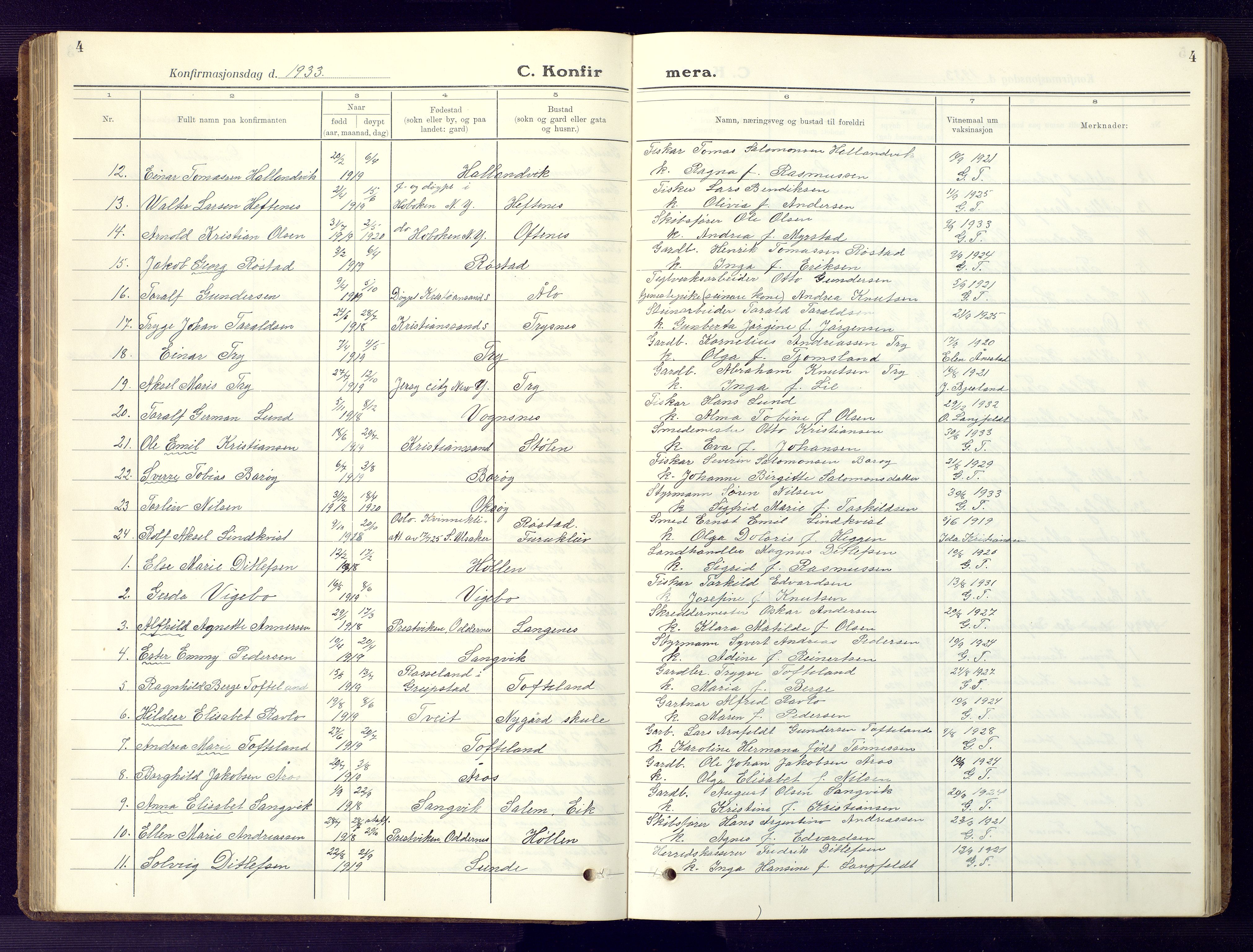 Søgne sokneprestkontor, SAK/1111-0037/F/Fb/Fbb/L0008: Parish register (copy) no. B 8, 1932-1949, p. 4