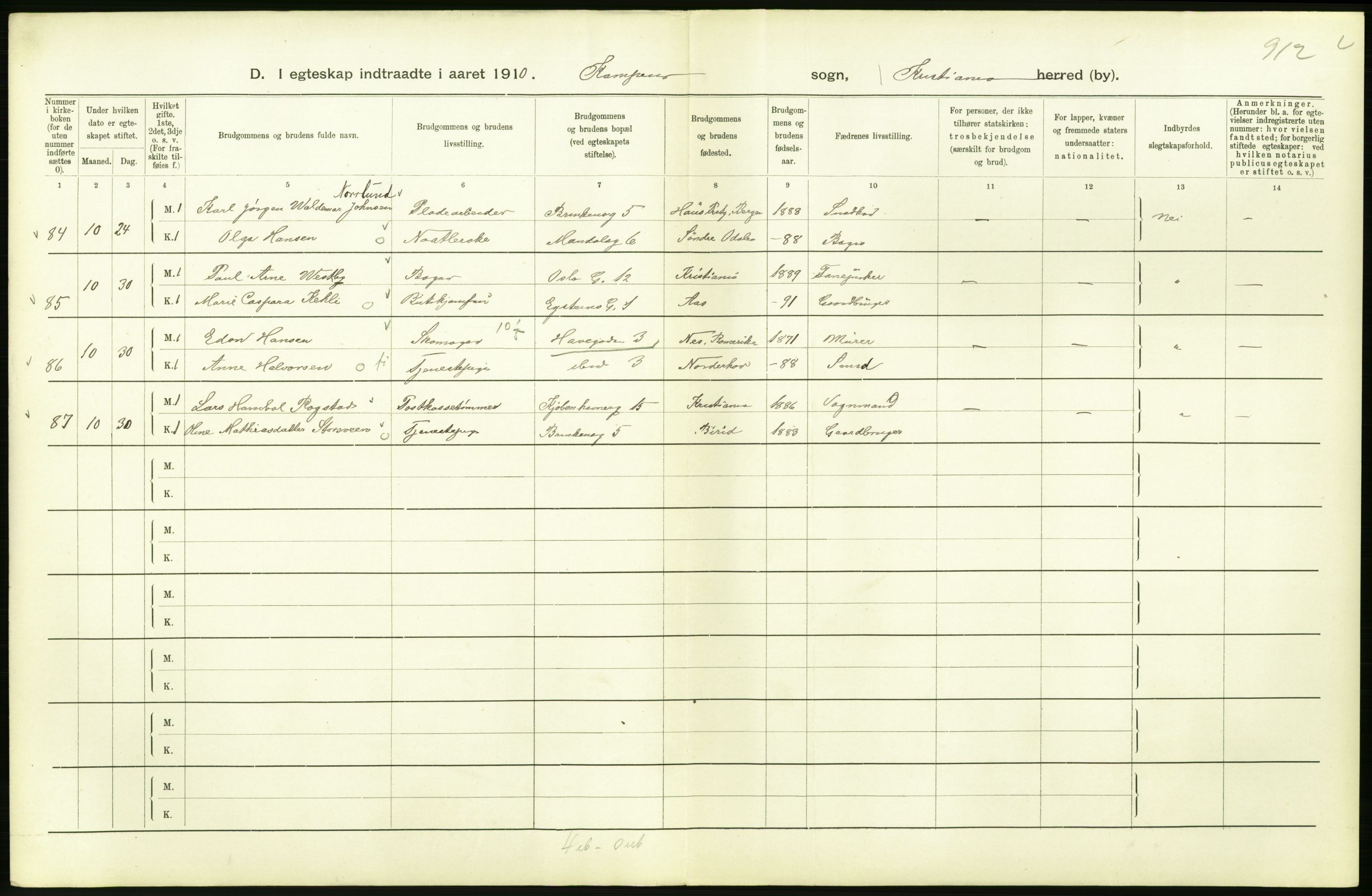 Statistisk sentralbyrå, Sosiodemografiske emner, Befolkning, AV/RA-S-2228/D/Df/Dfa/Dfah/L0009: Kristiania: Gifte og dødfødte., 1910, p. 128