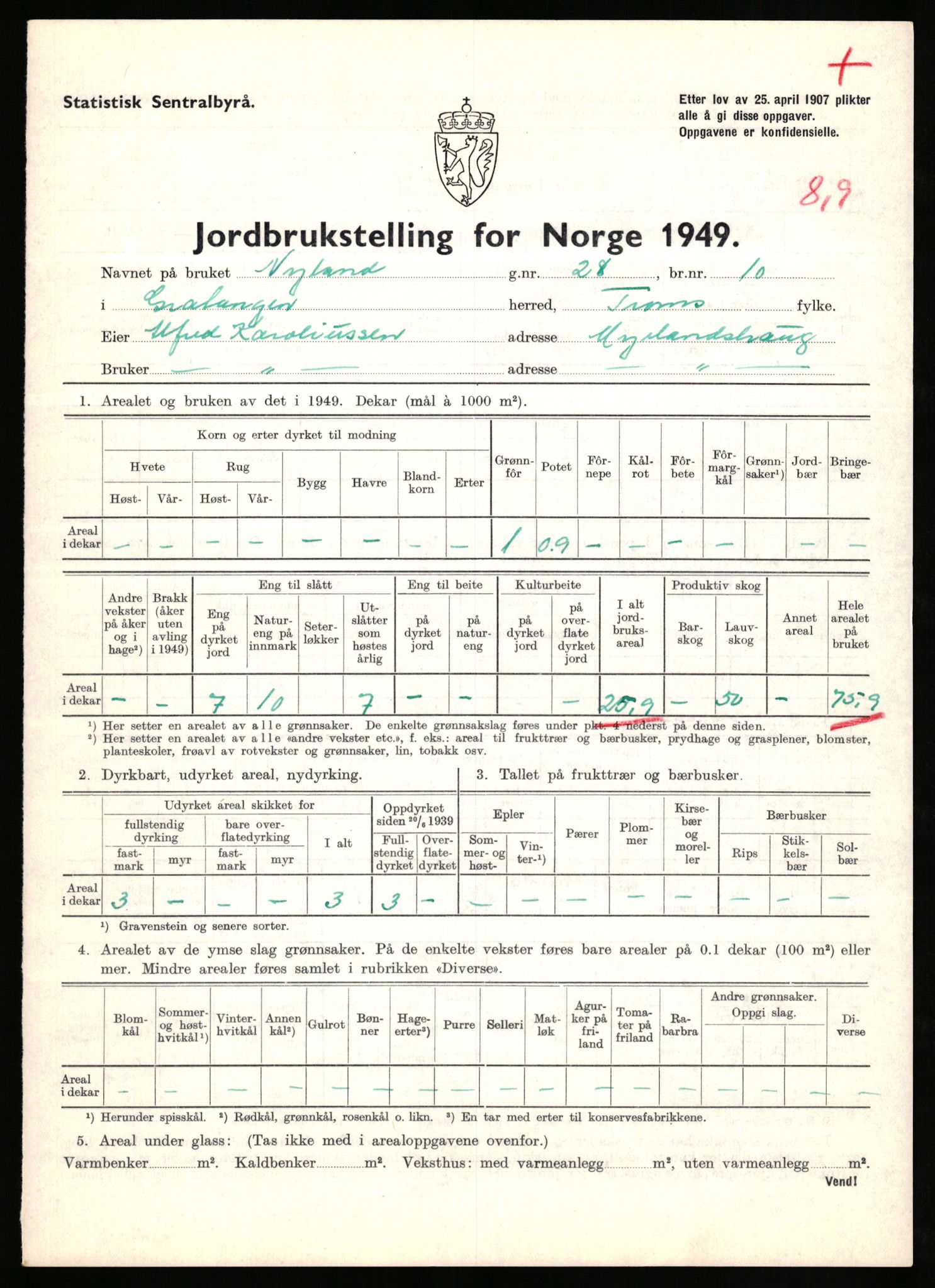 Statistisk sentralbyrå, Næringsøkonomiske emner, Jordbruk, skogbruk, jakt, fiske og fangst, AV/RA-S-2234/G/Gc/L0437: Troms: Gratangen og Lavangen, 1949, p. 886