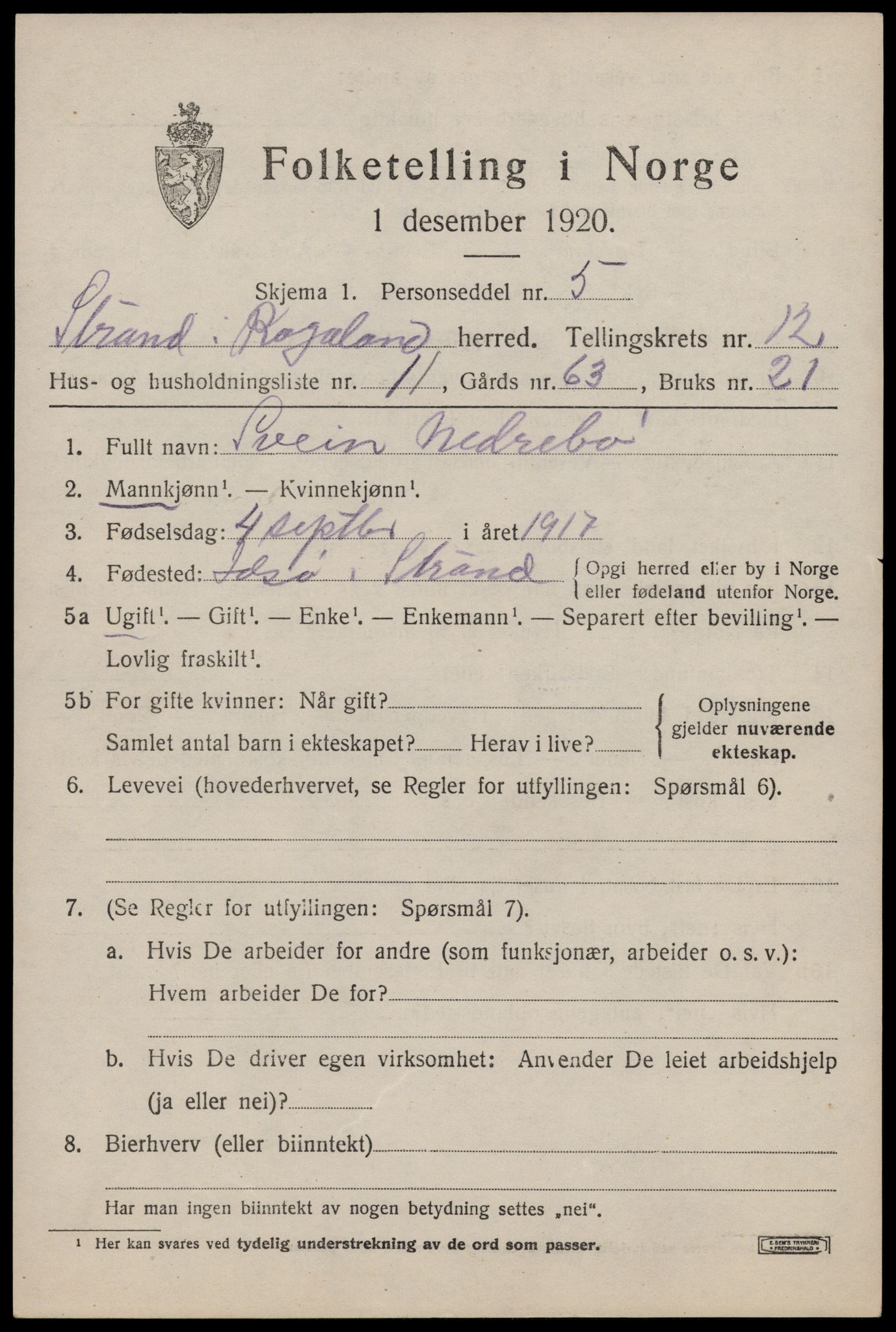 SAST, 1920 census for Strand, 1920, p. 7183