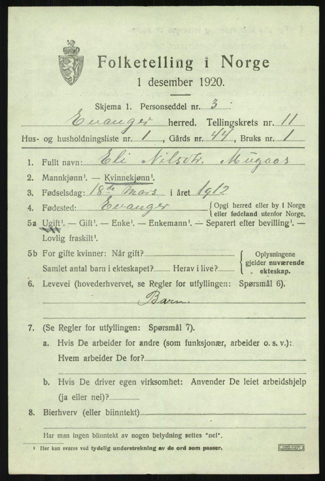 SAB, 1920 census for Evanger, 1920, p. 3567