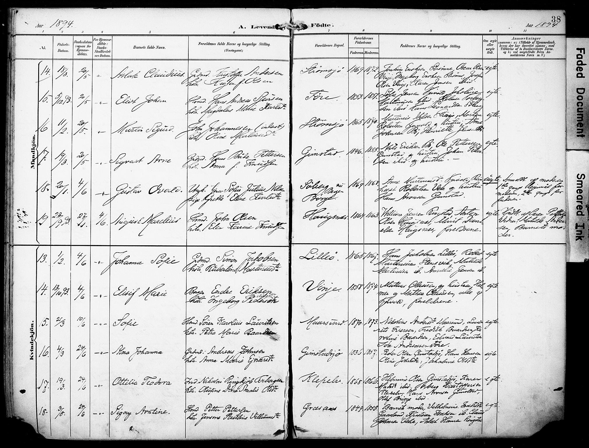 Ministerialprotokoller, klokkerbøker og fødselsregistre - Nordland, SAT/A-1459/891/L1303: Parish register (official) no. 891A08, 1891-1894, p. 38