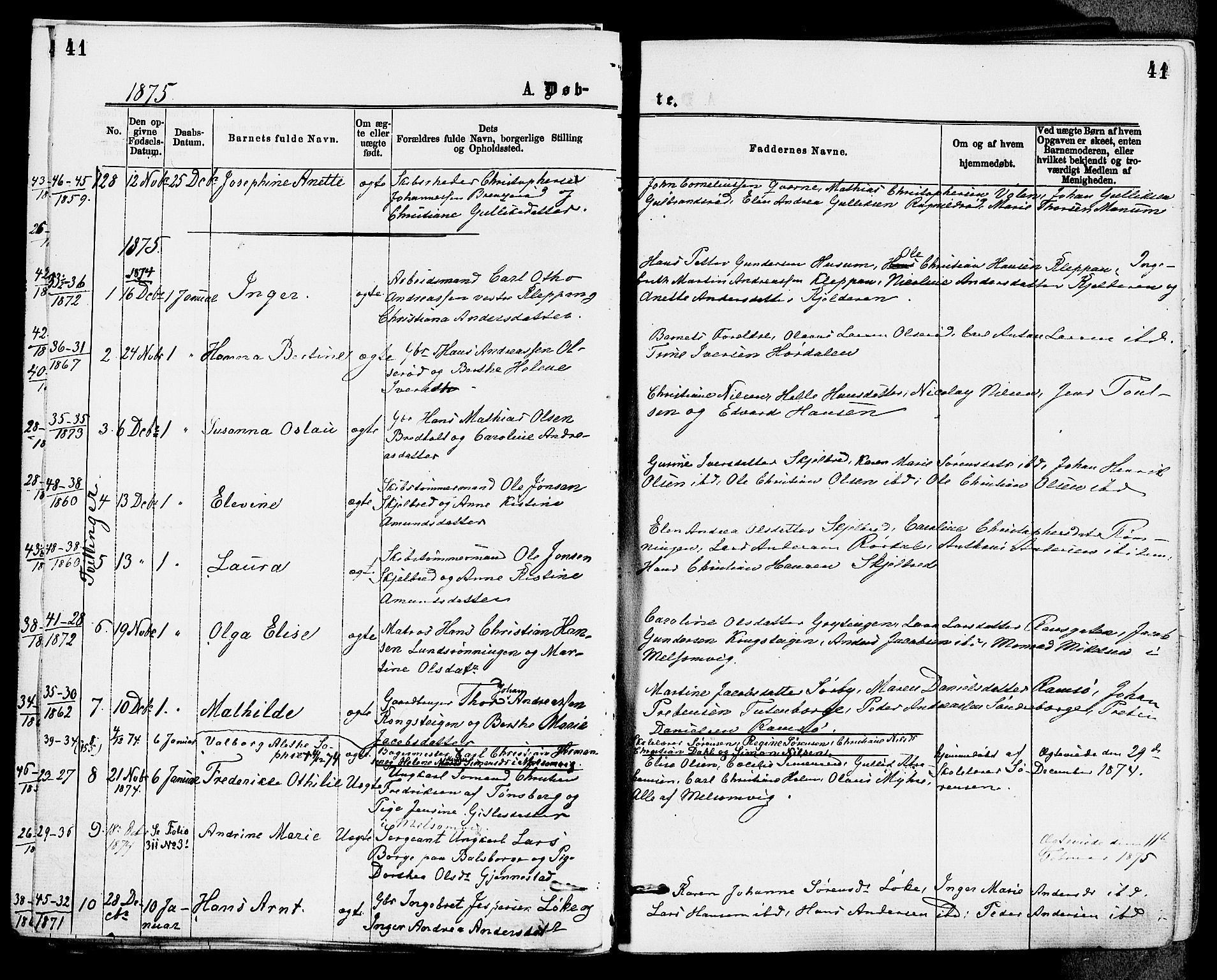 Stokke kirkebøker, SAKO/A-320/F/Fa/L0009: Parish register (official) no. I 9, 1872-1883, p. 41
