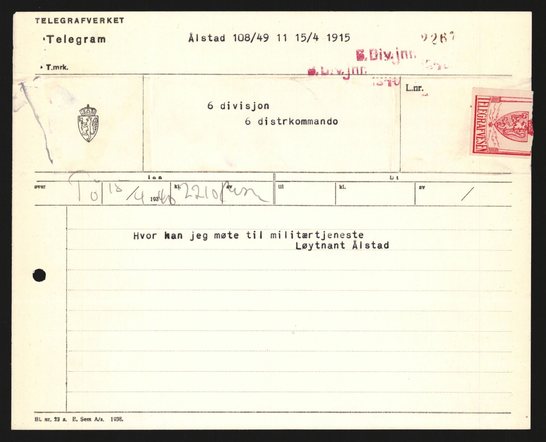 Forsvaret, Forsvarets krigshistoriske avdeling, AV/RA-RAFA-2017/Y/Yb/L0123: II-C-11-600  -  6. Divisjon med avdelinger, 1940, p. 255