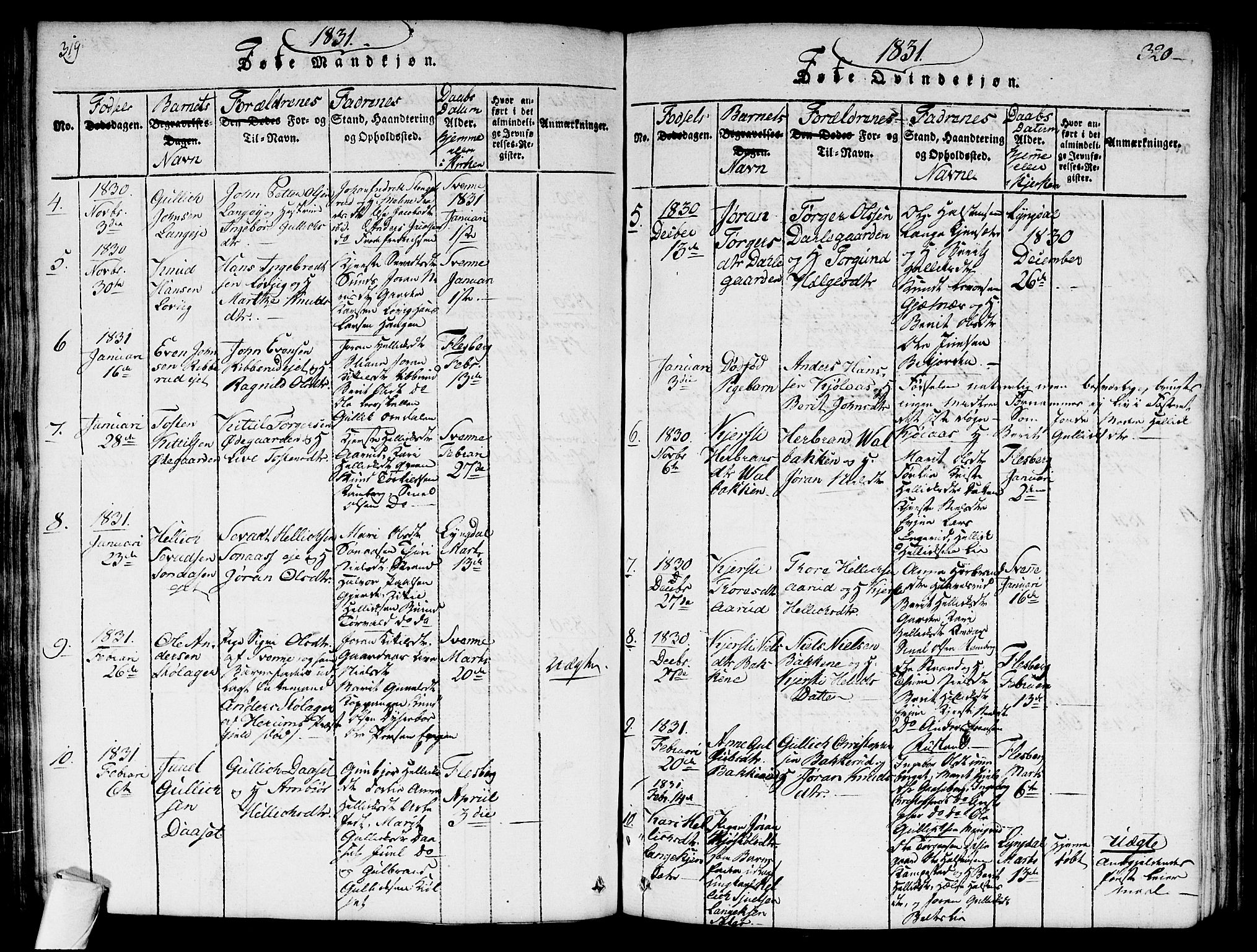 Flesberg kirkebøker, AV/SAKO-A-18/G/Ga/L0001: Parish register (copy) no. I 1, 1816-1834, p. 319-320