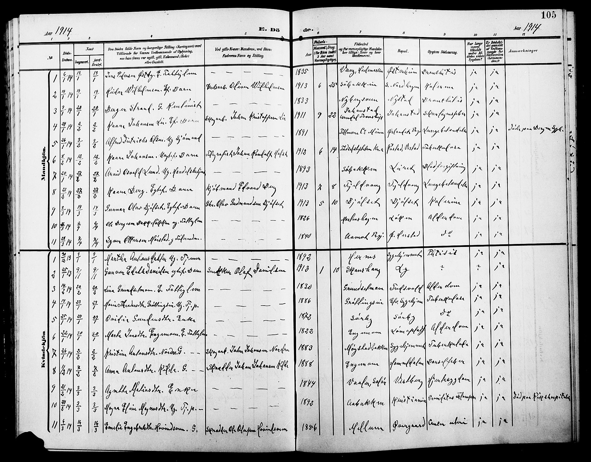 Elverum prestekontor, AV/SAH-PREST-044/H/Ha/Hab/L0009: Parish register (copy) no. 9, 1908-1921, p. 105