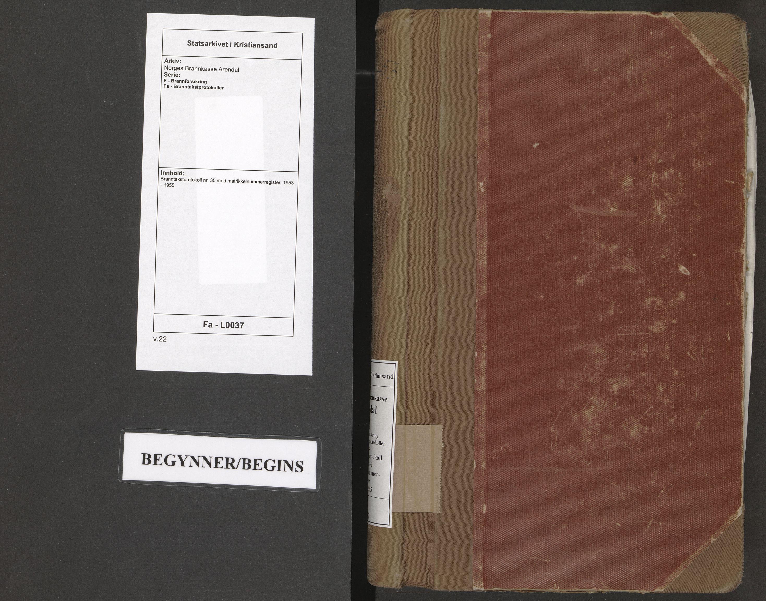 Norges Brannkasse Arendal, SAK/2241-0002/F/Fa/L0037: Branntakstprotokoll nr. 35 med matrikkelnummerregister, 1953-1955