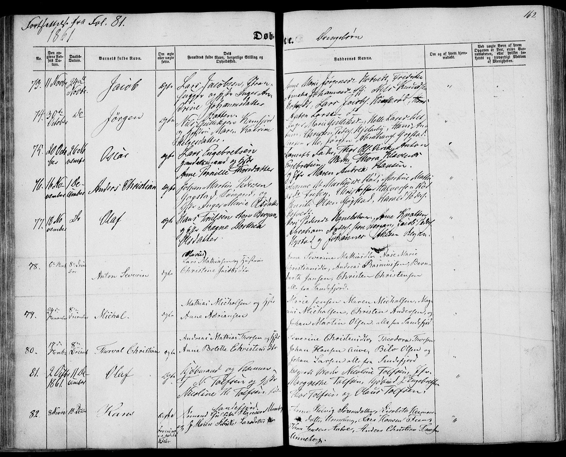 Sandar kirkebøker, SAKO/A-243/F/Fa/L0007: Parish register (official) no. 7, 1855-1861, p. 162