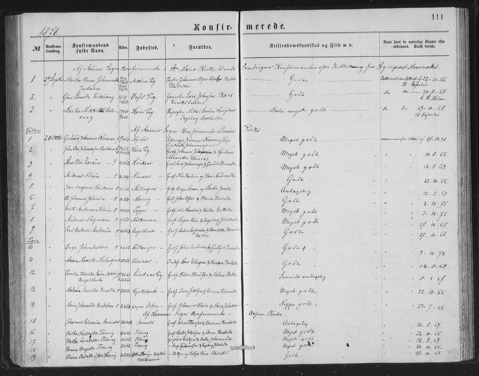 Åsane sokneprestembete, SAB/A-79401/H/Hab: Parish register (copy) no. A 1, 1870-1884, p. 111
