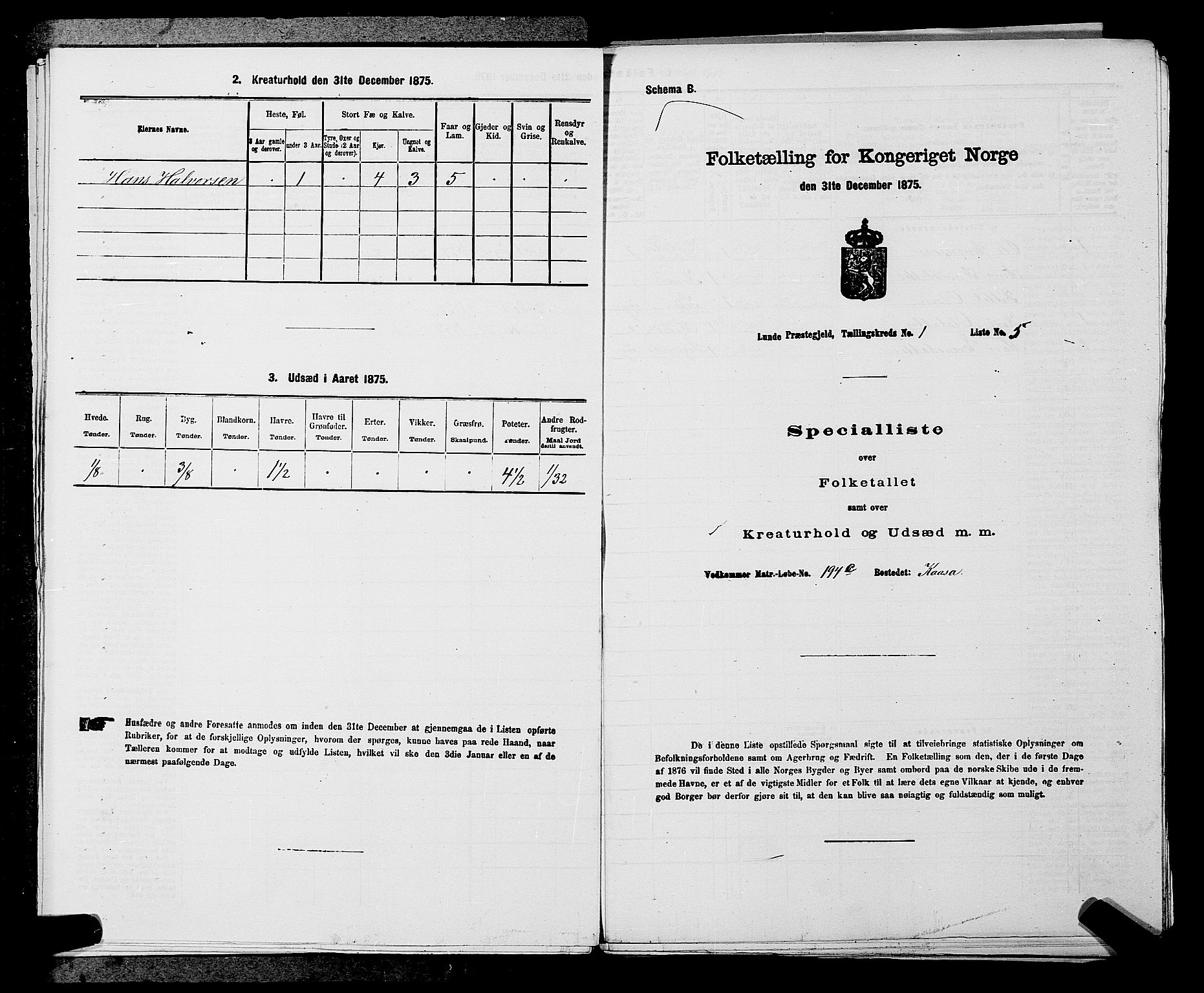 SAKO, 1875 census for 0820P Lunde, 1875, p. 46