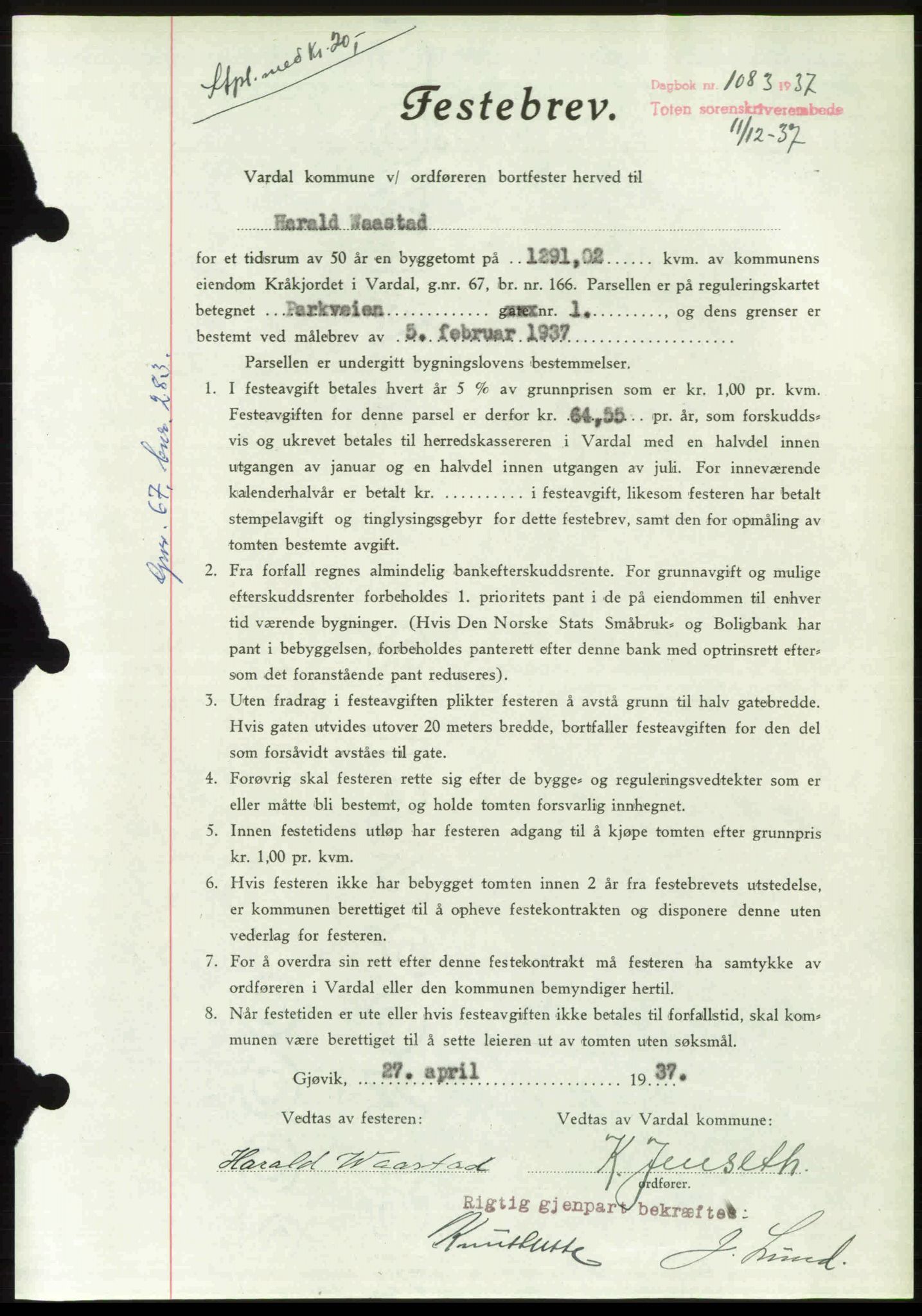 Toten tingrett, AV/SAH-TING-006/H/Hb/Hbc/L0002: Mortgage book no. Hbc-02, 1936-1937, Diary no: : 1083/1937
