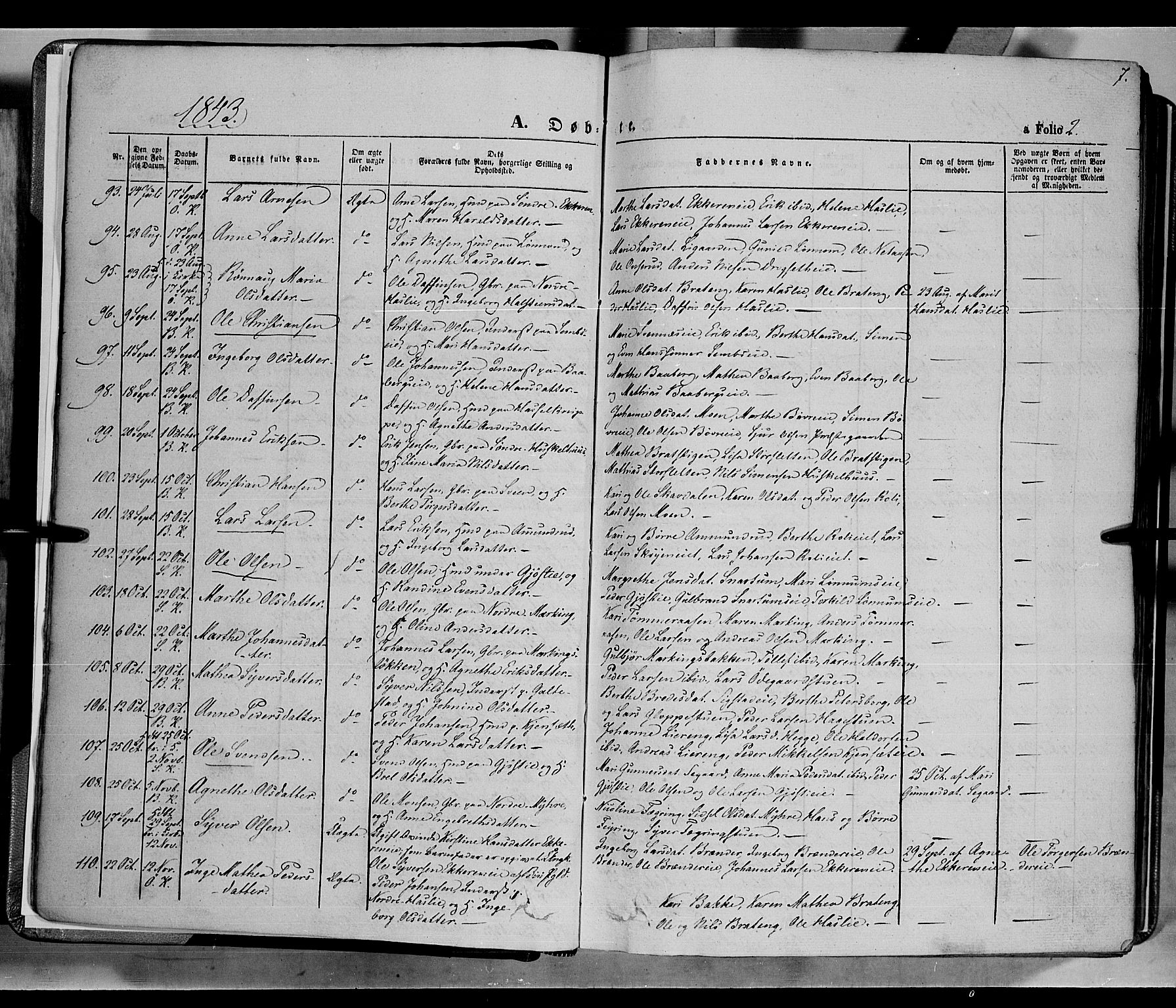 Biri prestekontor, SAH/PREST-096/H/Ha/Haa/L0005: Parish register (official) no. 5, 1843-1854, p. 7