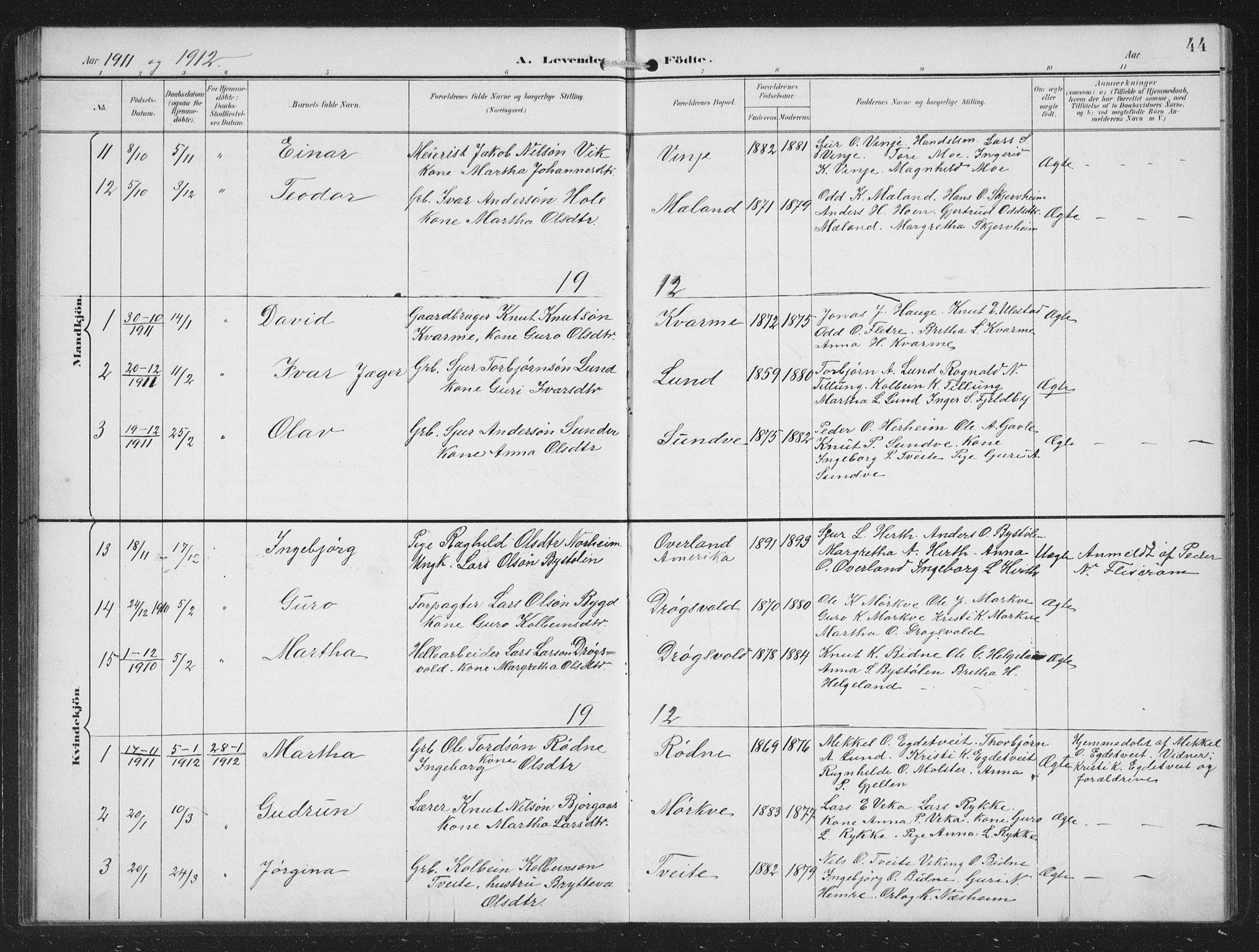 Vossestrand Sokneprestembete, SAB/A-79101/H/Hab: Parish register (copy) no. B 4, 1894-1941, p. 44