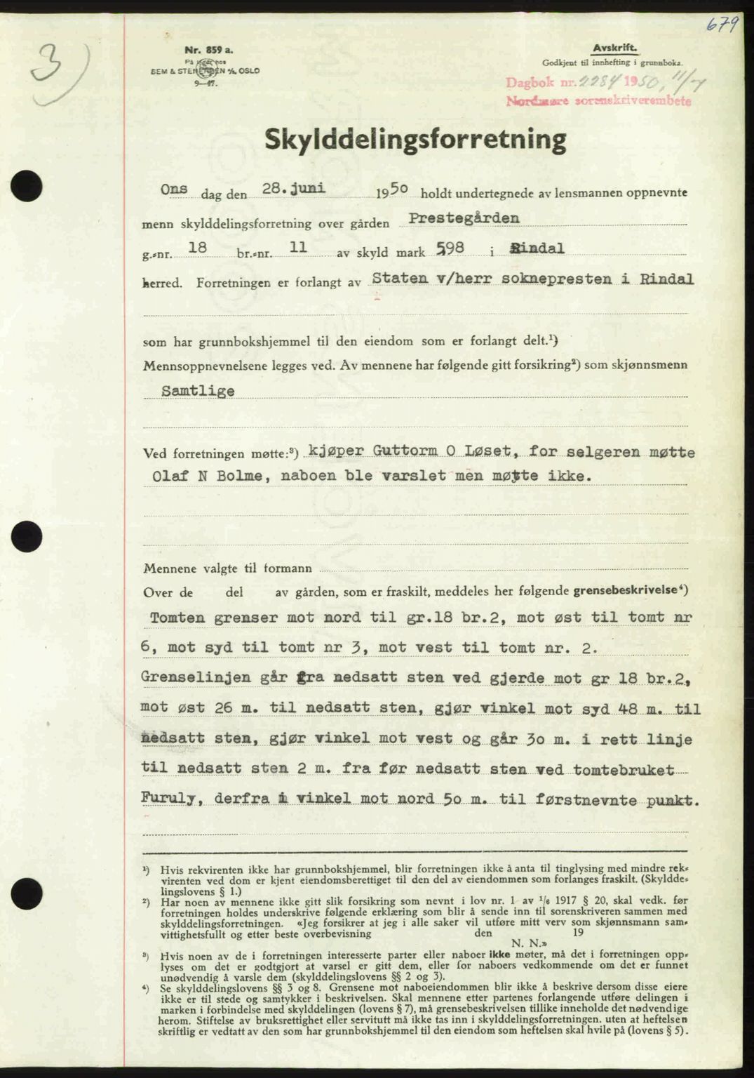 Nordmøre sorenskriveri, AV/SAT-A-4132/1/2/2Ca: Mortgage book no. A115, 1950-1950, Diary no: : 2284/1950