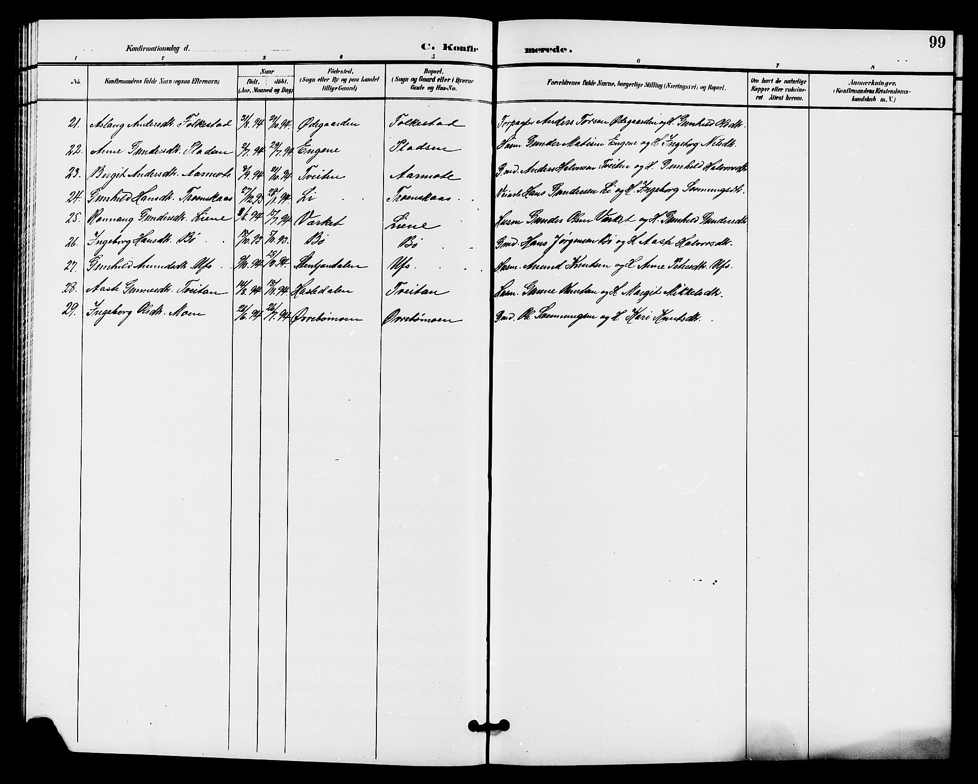 Bø kirkebøker, SAKO/A-257/G/Ga/L0006: Parish register (copy) no. 6, 1898-1909, p. 99