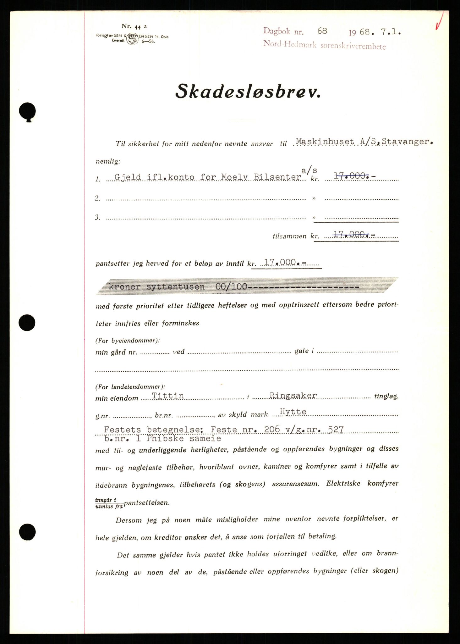 Nord-Hedmark sorenskriveri, SAH/TING-012/H/Hb/Hbf/L0077: Mortgage book no. B77, 1968-1969, Diary no: : 68/1969