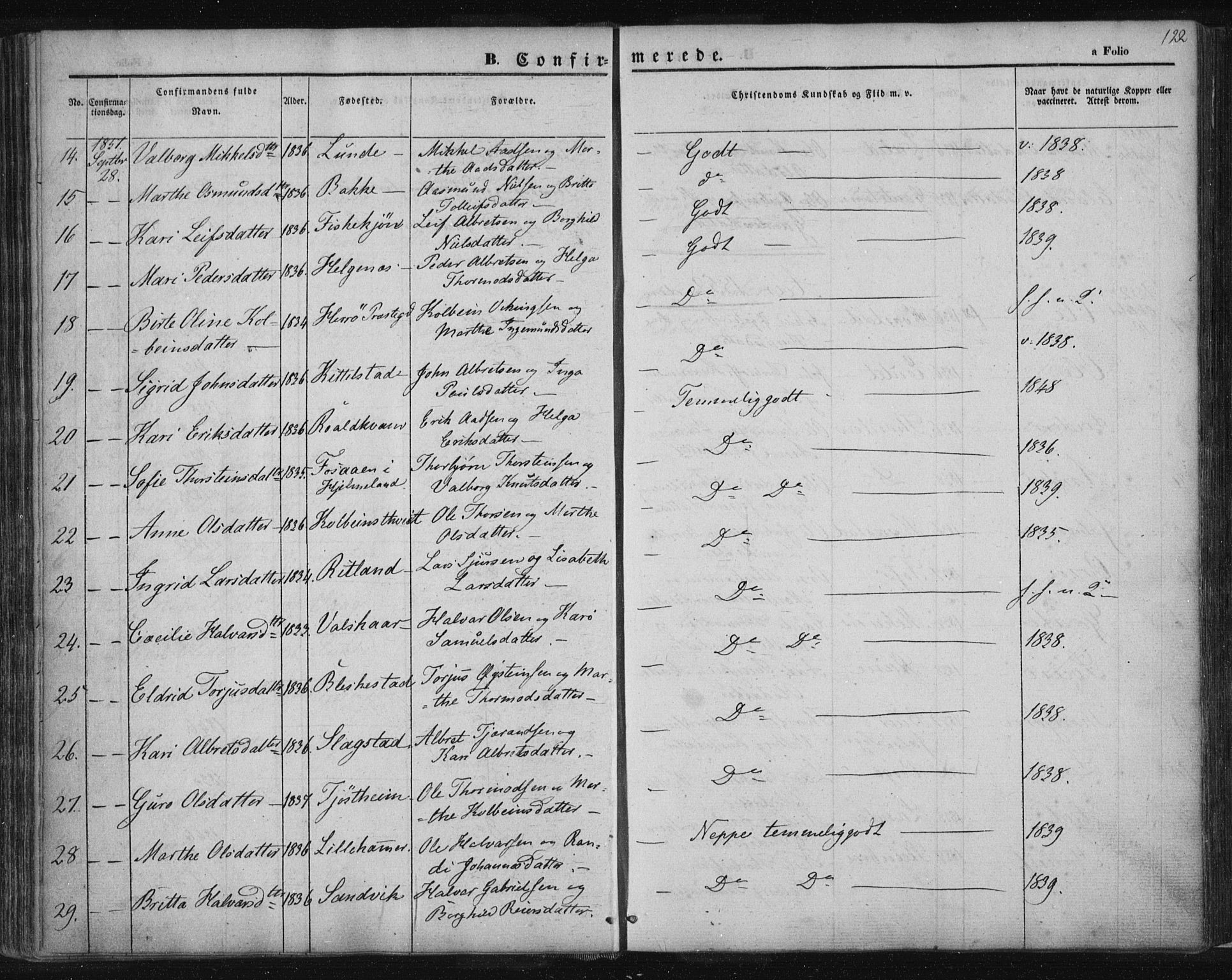 Suldal sokneprestkontor, SAST/A-101845/01/IV/L0008: Parish register (official) no. A 8, 1836-1853, p. 122