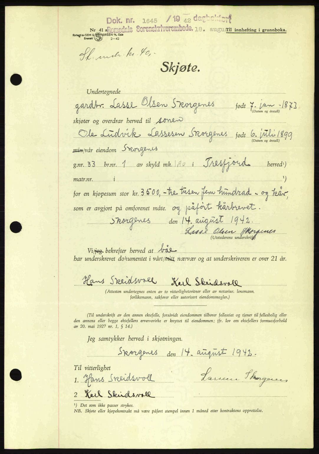 Romsdal sorenskriveri, AV/SAT-A-4149/1/2/2C: Mortgage book no. A12, 1942-1942, Diary no: : 1645/1942