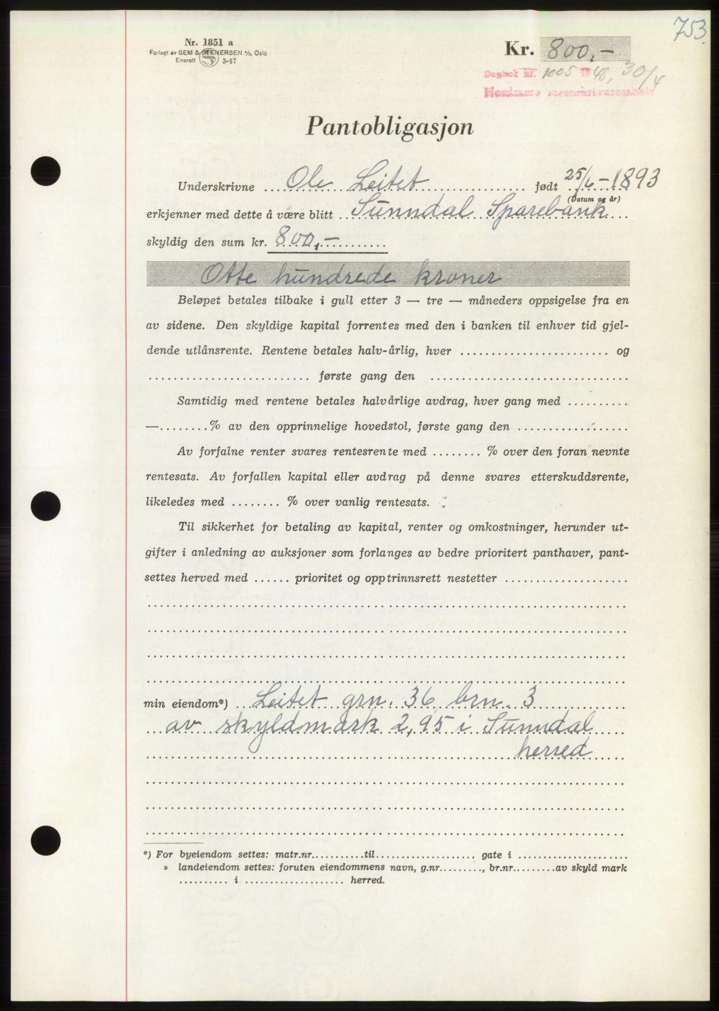 Nordmøre sorenskriveri, AV/SAT-A-4132/1/2/2Ca: Mortgage book no. B98, 1948-1948, Diary no: : 1005/1948