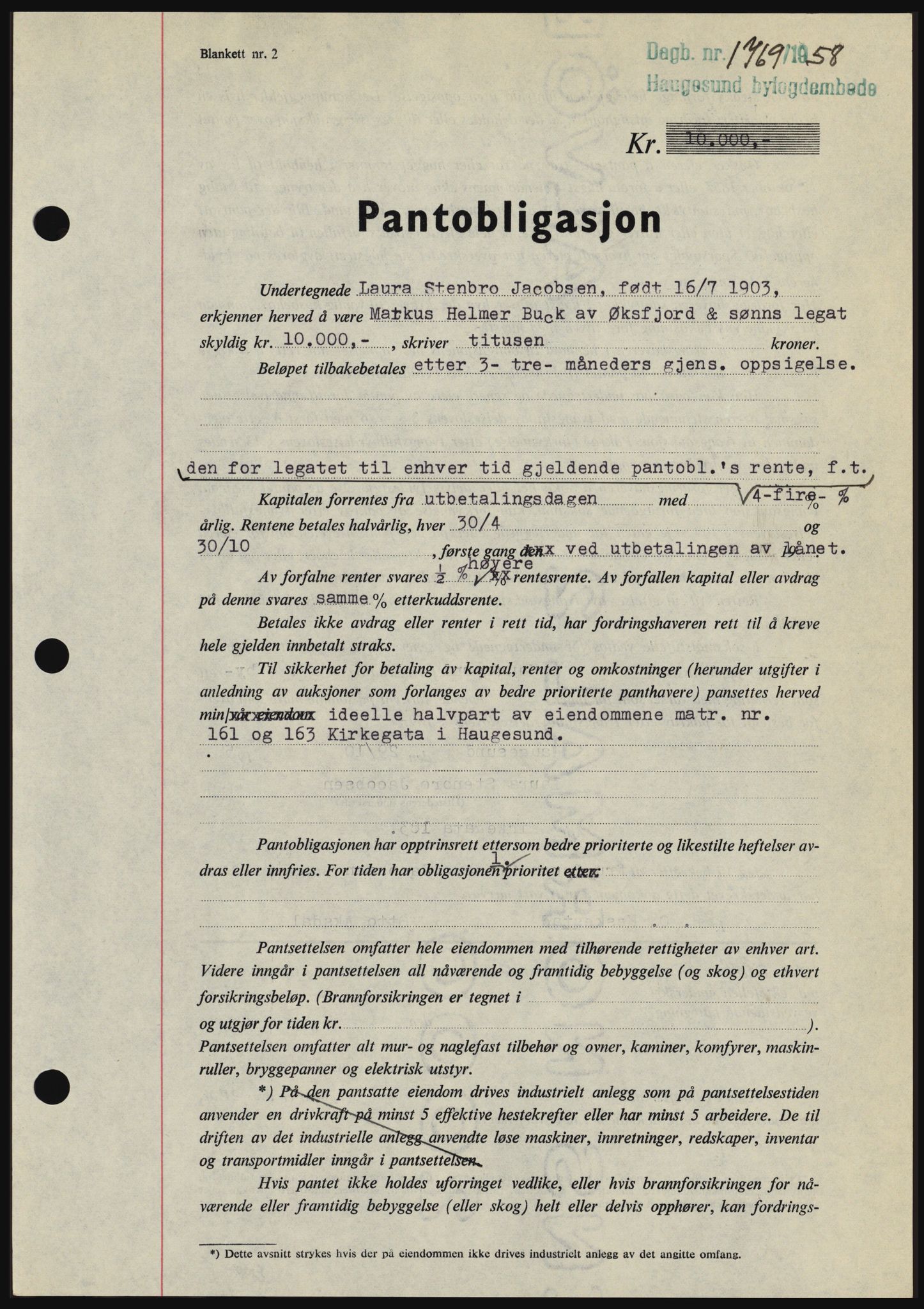 Haugesund tingrett, SAST/A-101415/01/II/IIC/L0044: Mortgage book no. B 44, 1958-1959, Diary no: : 1769/1958