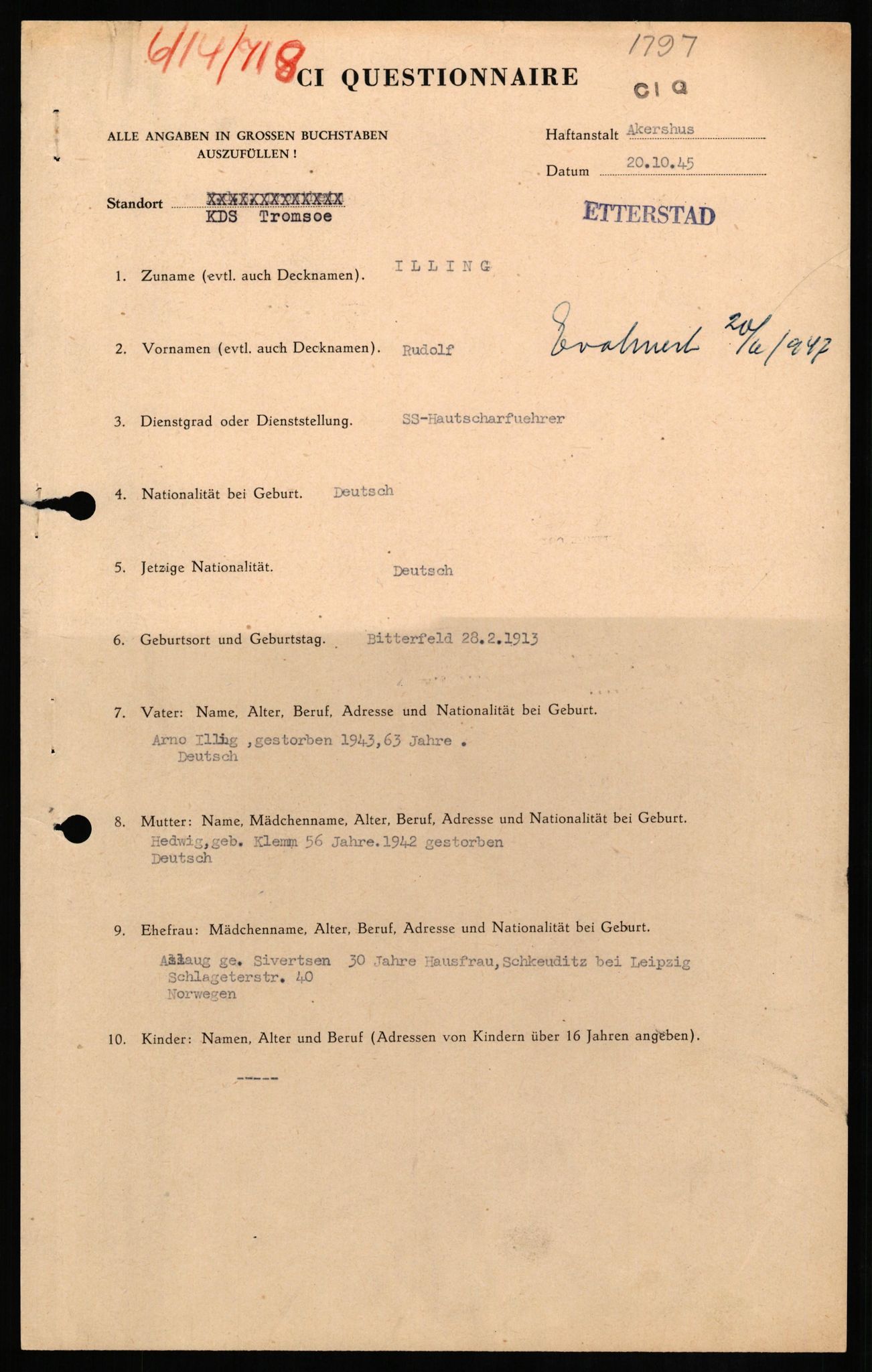 Forsvaret, Forsvarets overkommando II, RA/RAFA-3915/D/Db/L0014: CI Questionaires. Tyske okkupasjonsstyrker i Norge. Tyskere., 1945-1946, p. 348