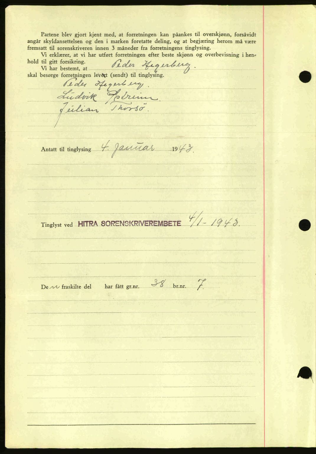 Hitra sorenskriveri, AV/SAT-A-0018/2/2C/2Ca: Mortgage book no. A2, 1943-1945, Diary no: : 1/1943