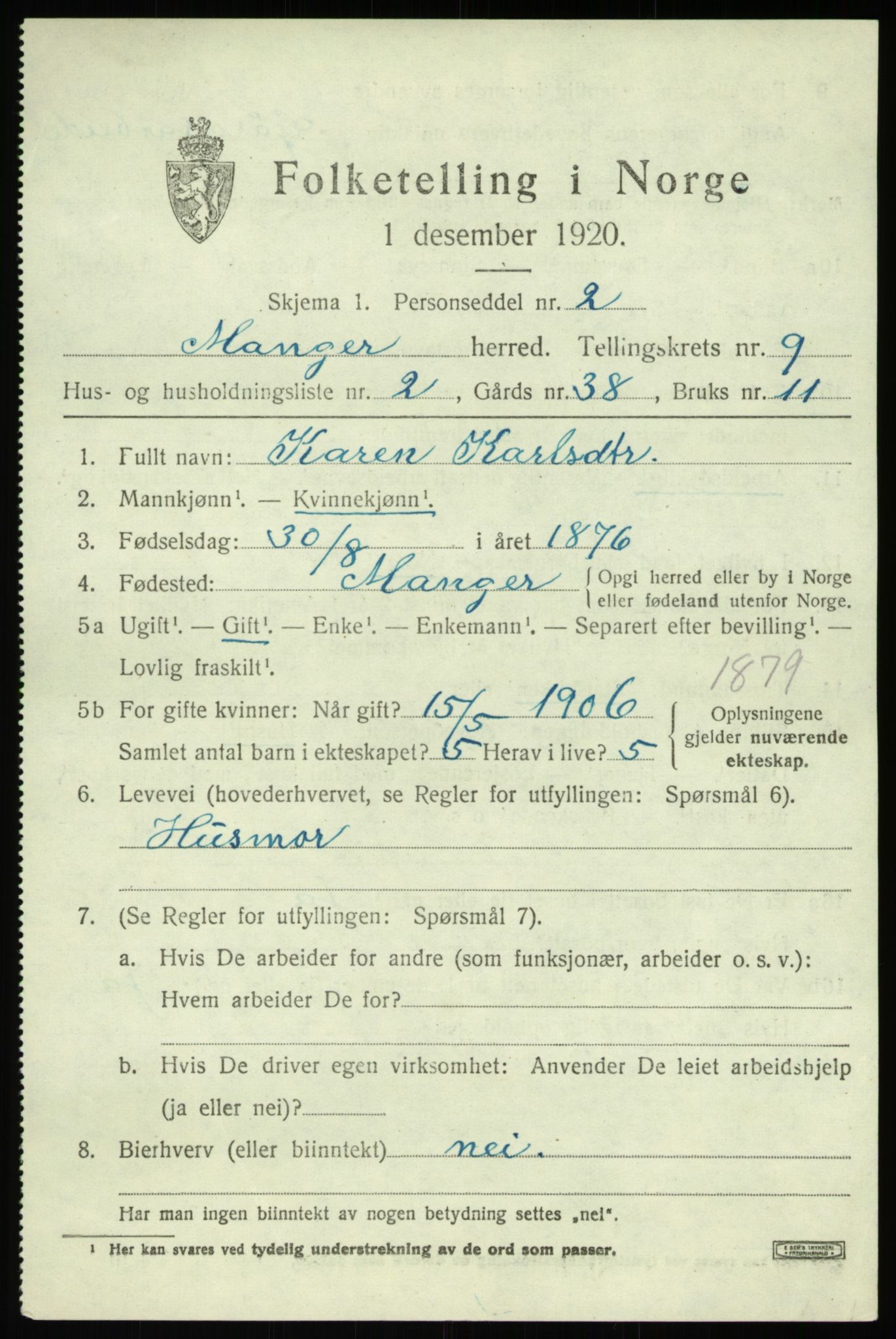 SAB, 1920 census for Manger, 1920, p. 5449