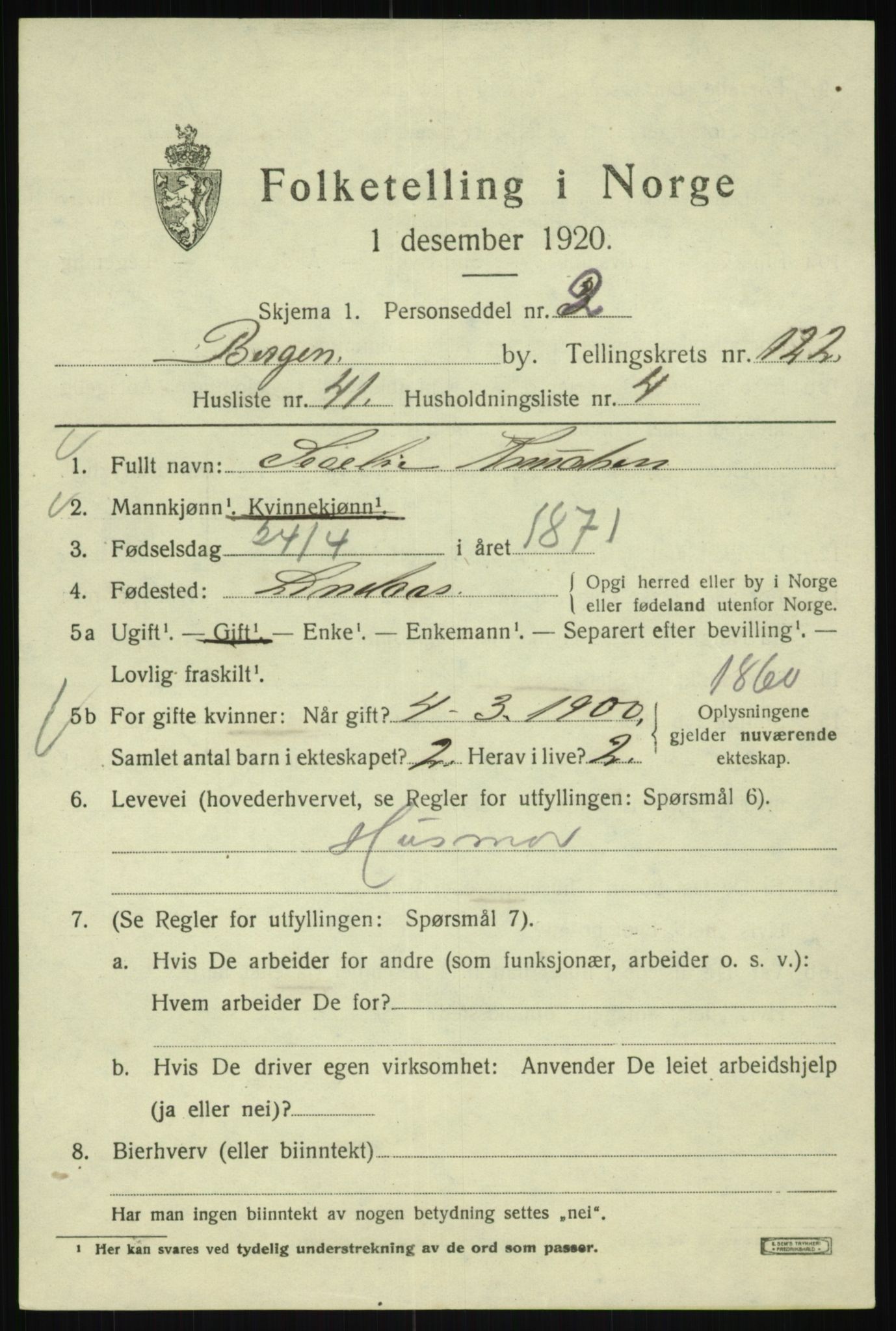 SAB, 1920 census for Bergen, 1920, p. 206544