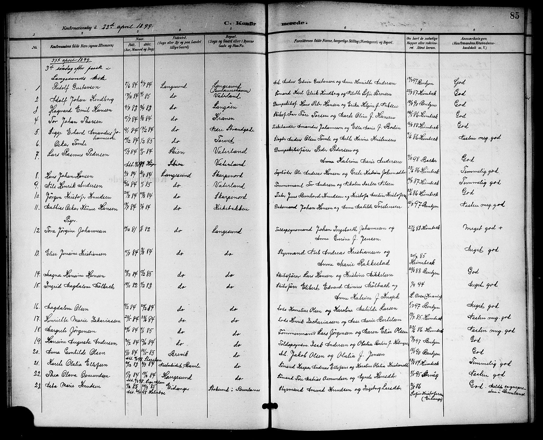 Langesund kirkebøker, SAKO/A-280/G/Ga/L0006: Parish register (copy) no. 6, 1899-1918, p. 85