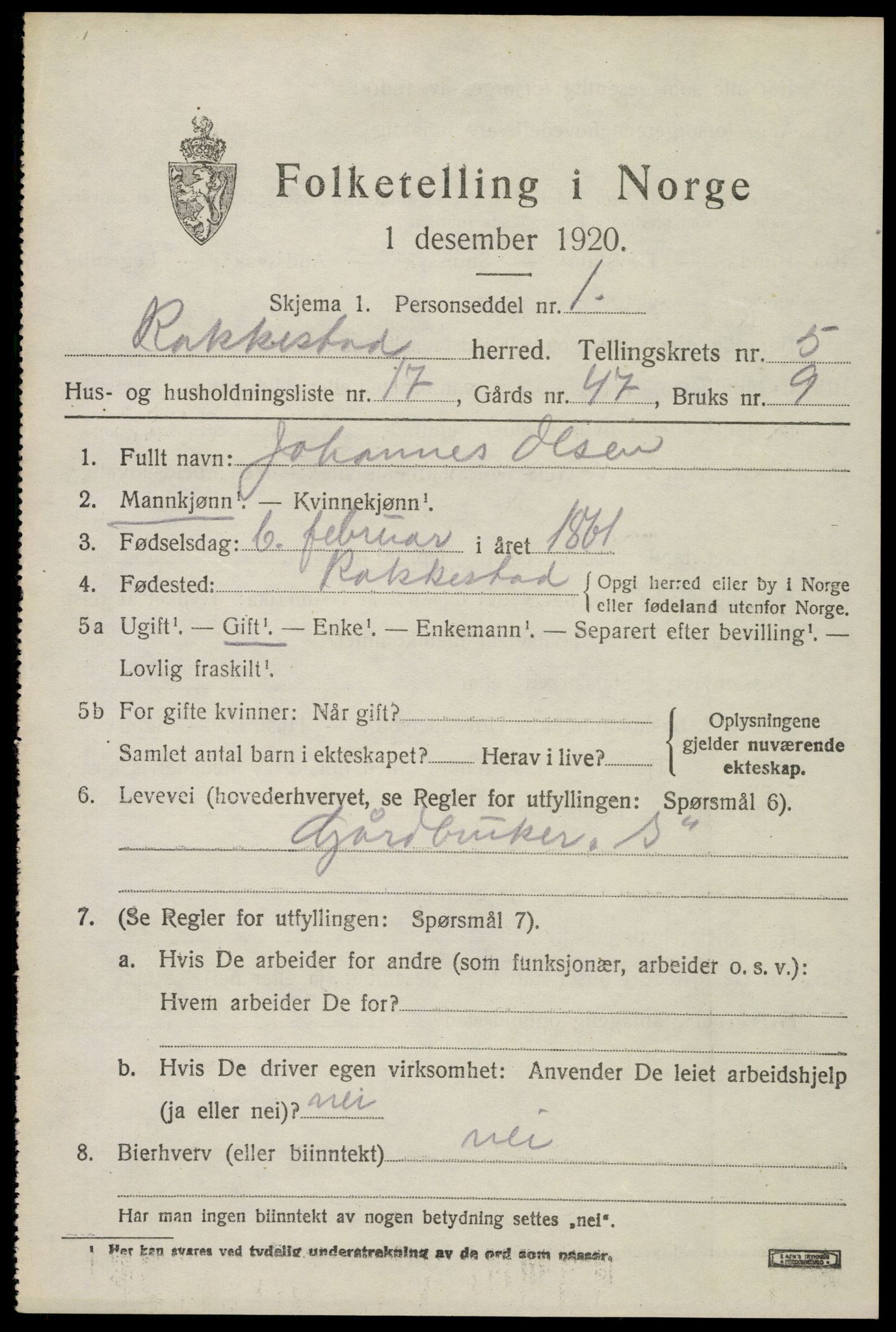 SAO, 1920 census for Rakkestad, 1920, p. 6143