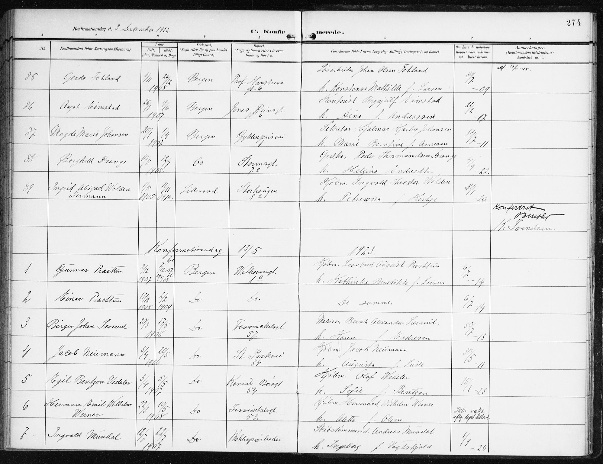 Johanneskirken sokneprestembete, SAB/A-76001/H/Haa/L0009: Parish register (official) no. C 2, 1907-1924, p. 274