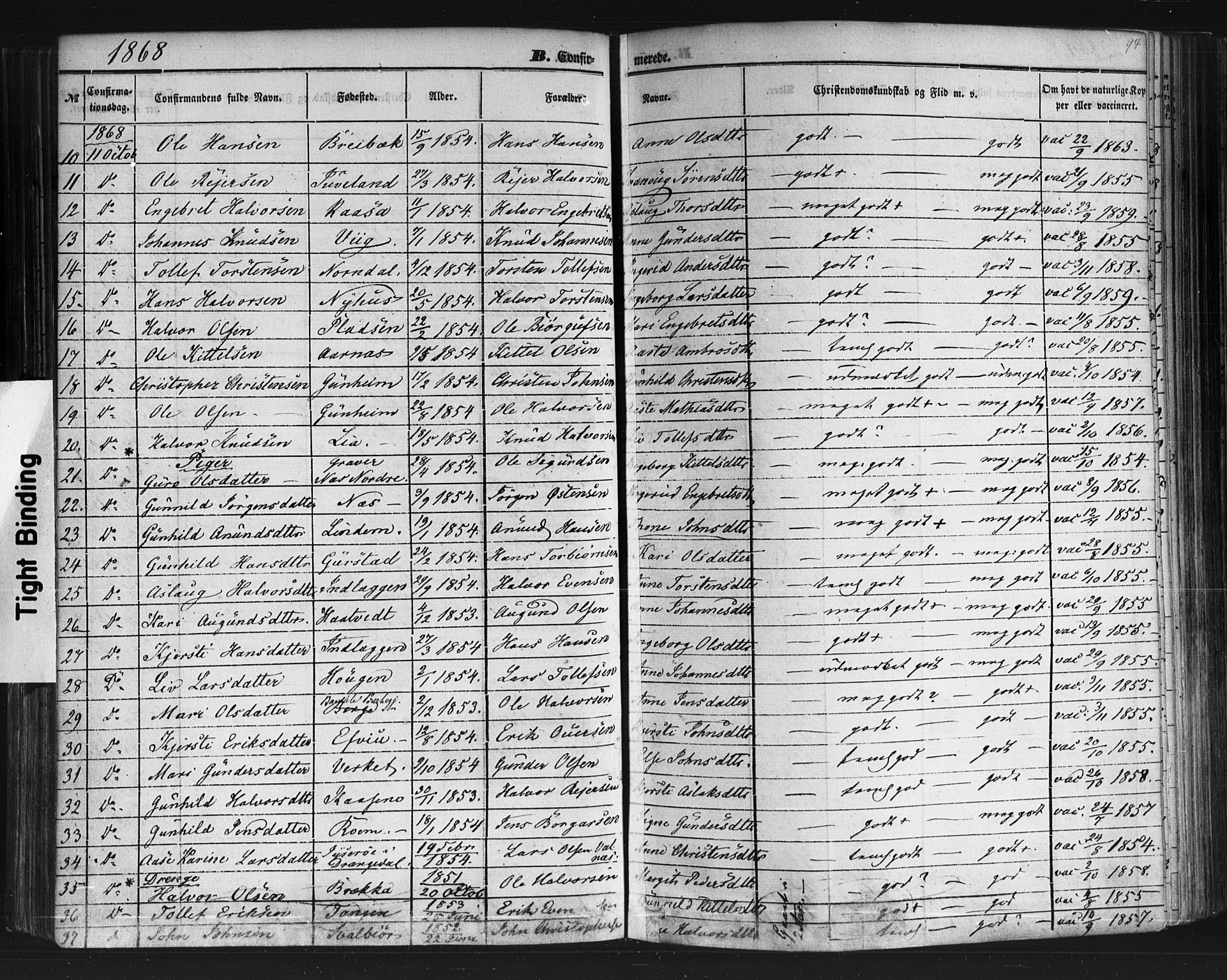Sauherad kirkebøker, SAKO/A-298/F/Fb/L0001: Parish register (official) no. II 1, 1851-1877, p. 94