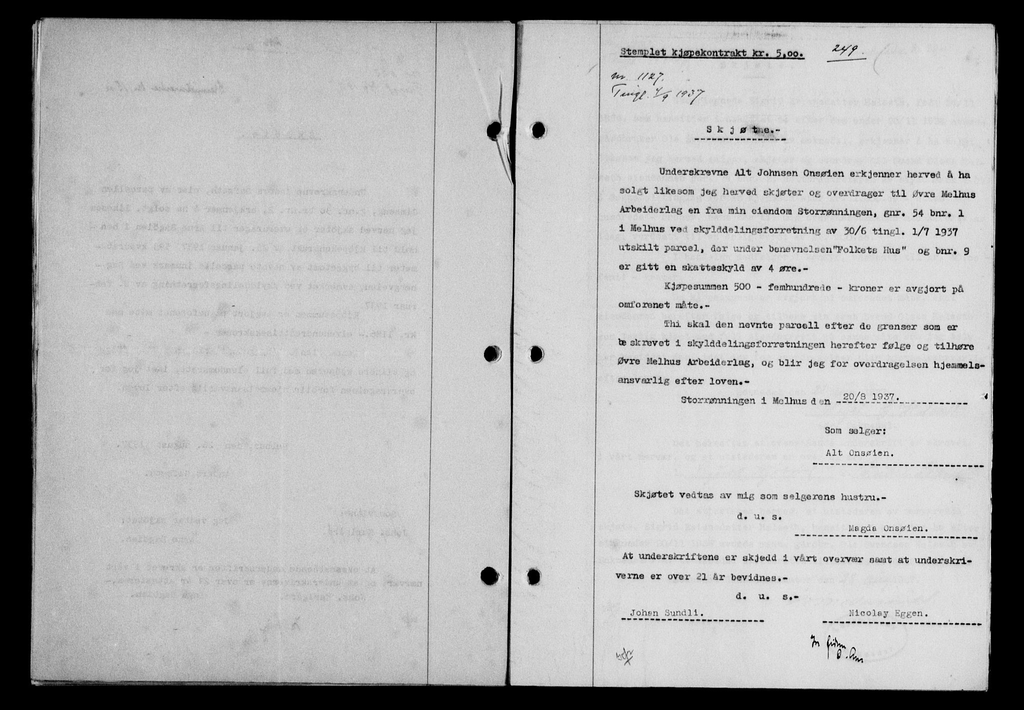 Gauldal sorenskriveri, SAT/A-0014/1/2/2C/L0047: Mortgage book no. 50-51, 1937-1937, Diary no: : 1127/1937