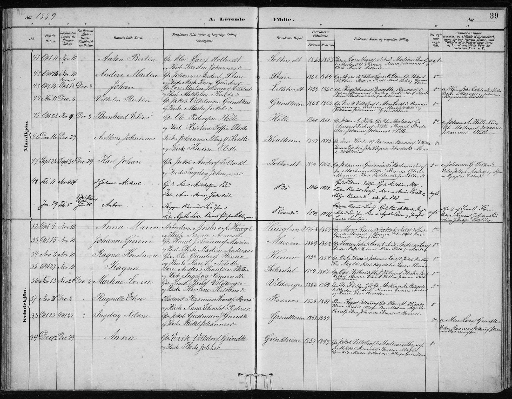 Manger sokneprestembete, AV/SAB-A-76801/H/Hab: Parish register (copy) no. B 2, 1882-1890, p. 39