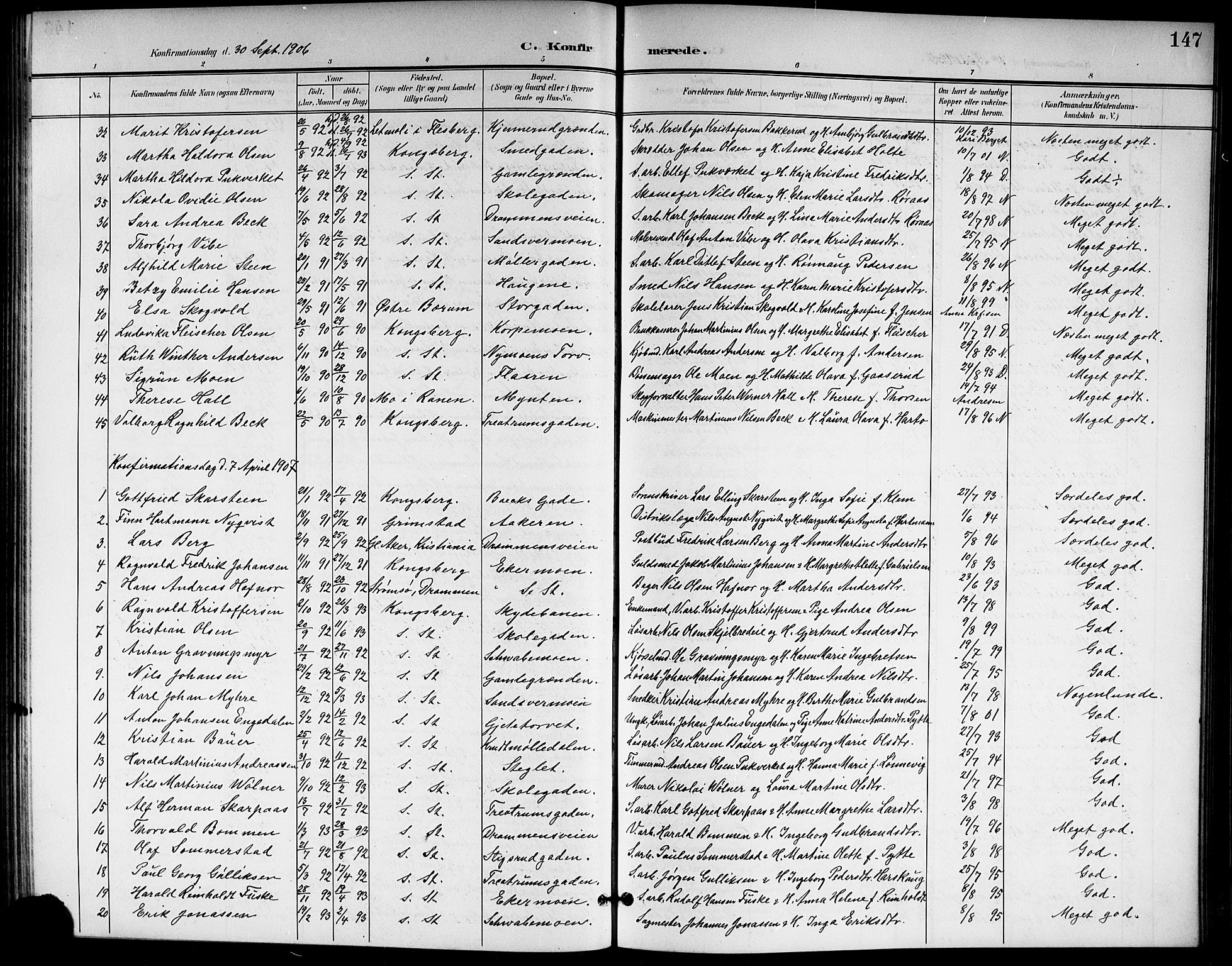 Kongsberg kirkebøker, AV/SAKO-A-22/G/Ga/L0007: Parish register (copy) no. 7, 1901-1915, p. 147