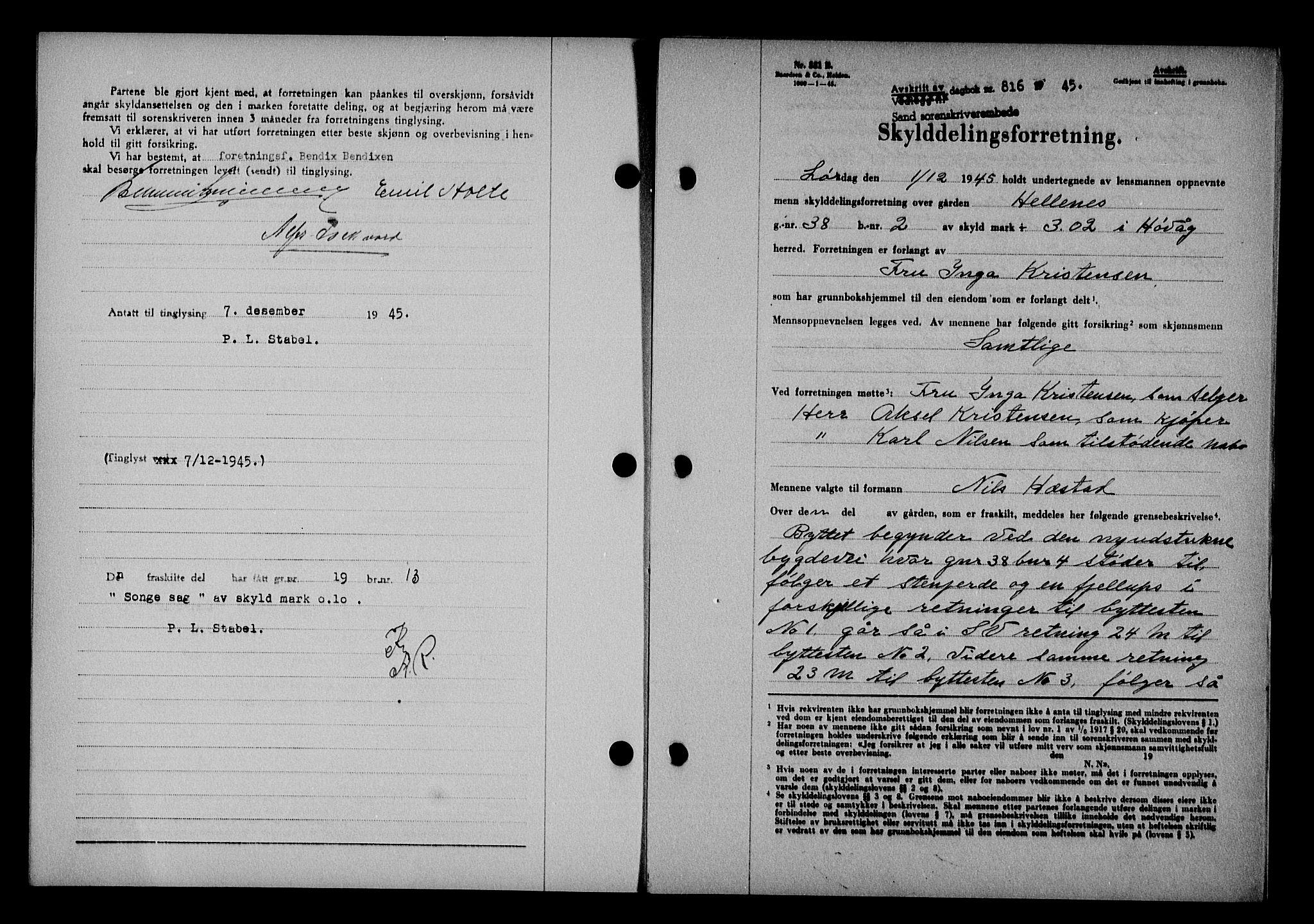 Vestre Nedenes/Sand sorenskriveri, AV/SAK-1221-0010/G/Gb/Gba/L0054: Mortgage book no. A 7, 1945-1946, Diary no: : 816/1945