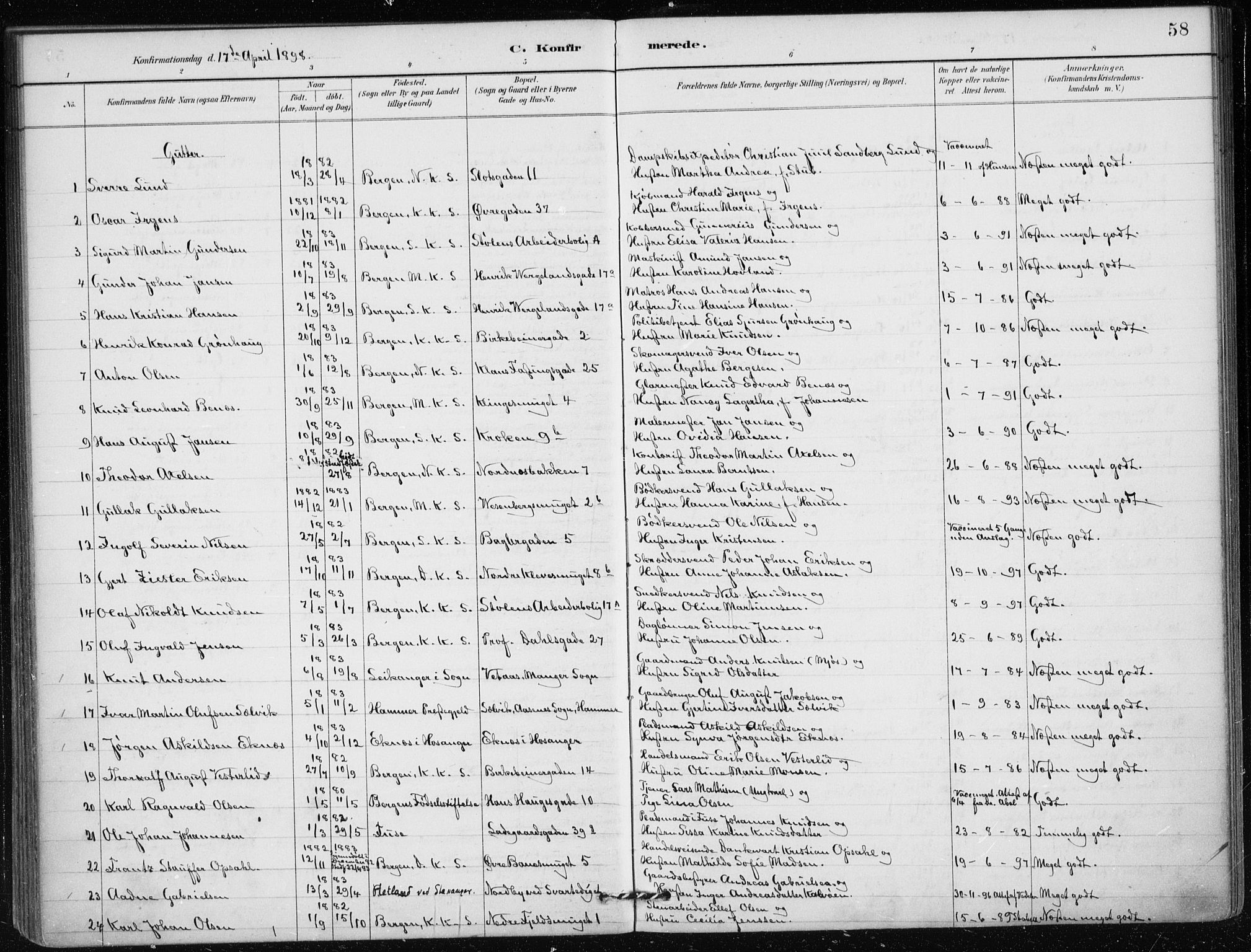 Mariakirken Sokneprestembete, SAB/A-76901/H/Haa/L0013: Parish register (official) no. C 1, 1889-1900, p. 58