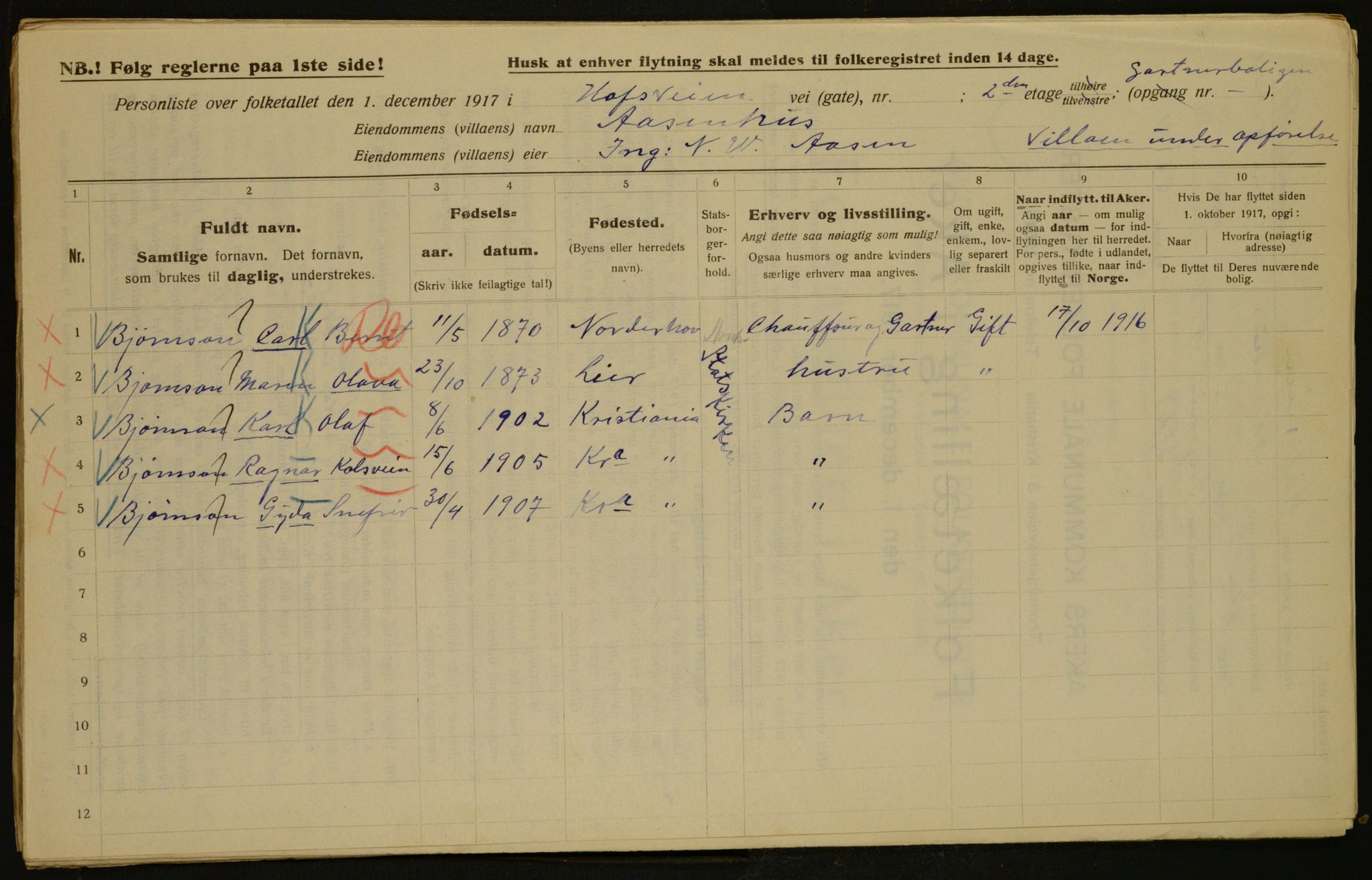 OBA, Municipal Census 1917 for Aker, 1917, p. 4255