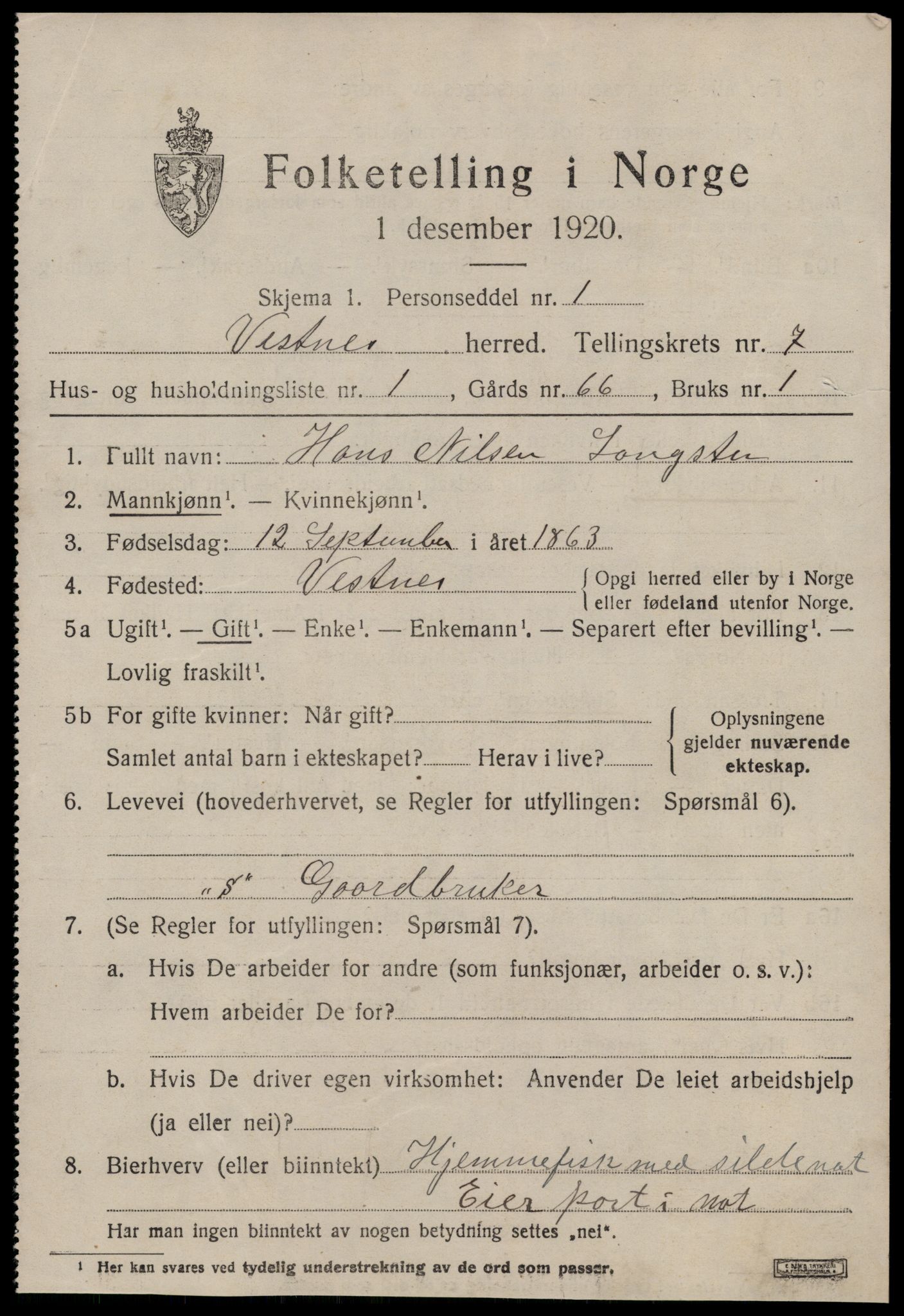 SAT, 1920 census for Vestnes, 1920, p. 5101