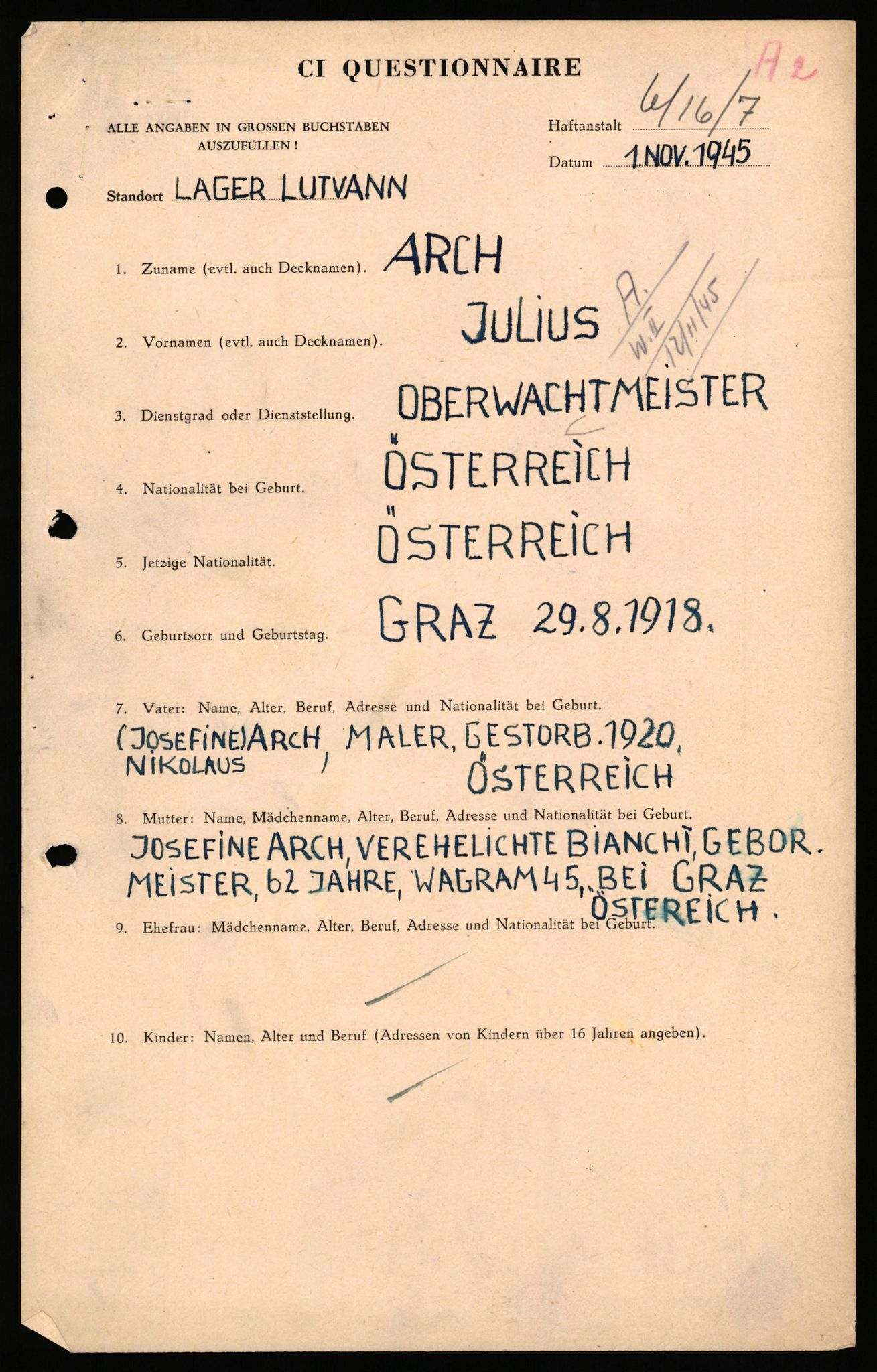 Forsvaret, Forsvarets overkommando II, AV/RA-RAFA-3915/D/Db/L0038: CI Questionaires. Tyske okkupasjonsstyrker i Norge. Østerrikere., 1945-1946, p. 29