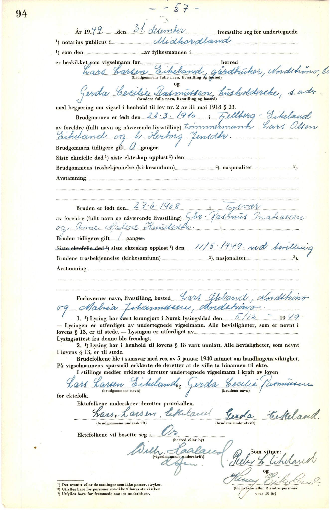Midhordland sorenskriveri, SAB/A-3001/1/M/Mc/Mca/L0008: Vigselbok, 1948-1952, p. 94