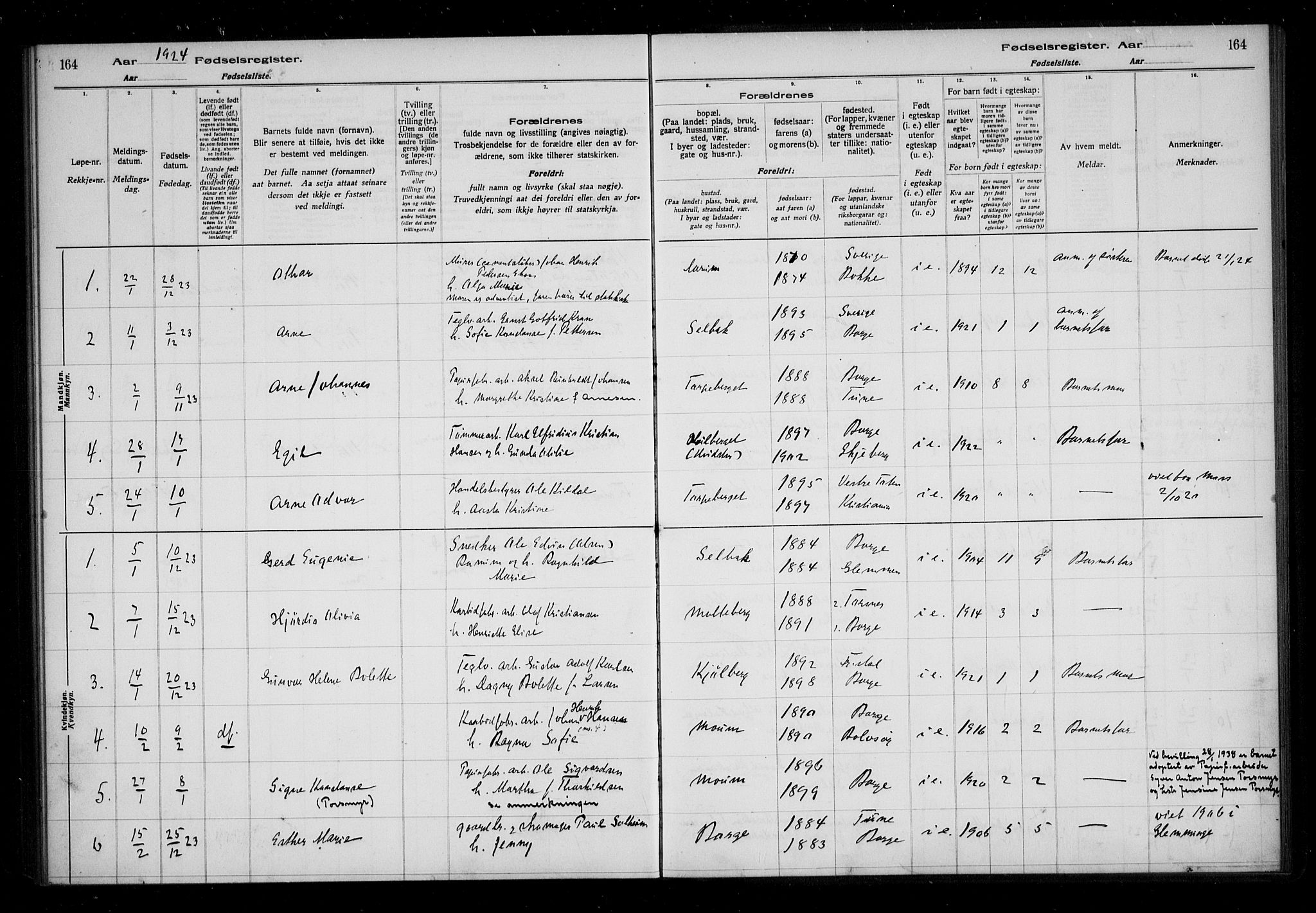 Borge prestekontor Kirkebøker, AV/SAO-A-10903/J/Ja/L0001: Birth register no. I 1, 1916-1925, p. 164