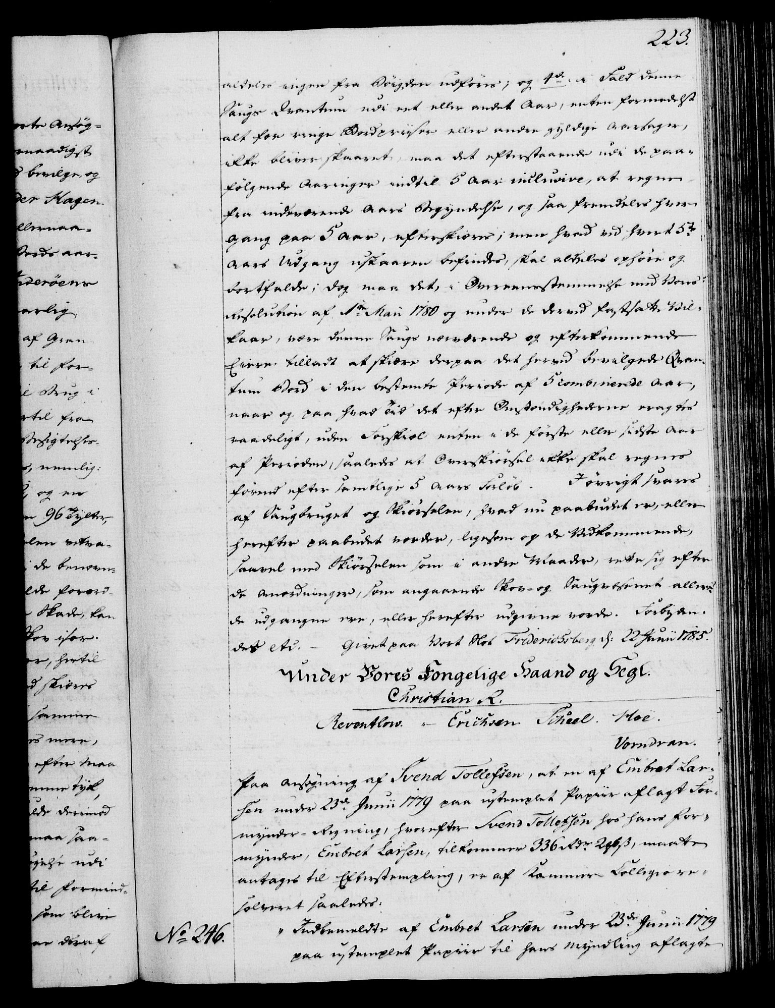 Rentekammeret, Kammerkanselliet, AV/RA-EA-3111/G/Gg/Gga/L0013: Norsk ekspedisjonsprotokoll med register (merket RK 53.13), 1784-1787, p. 223