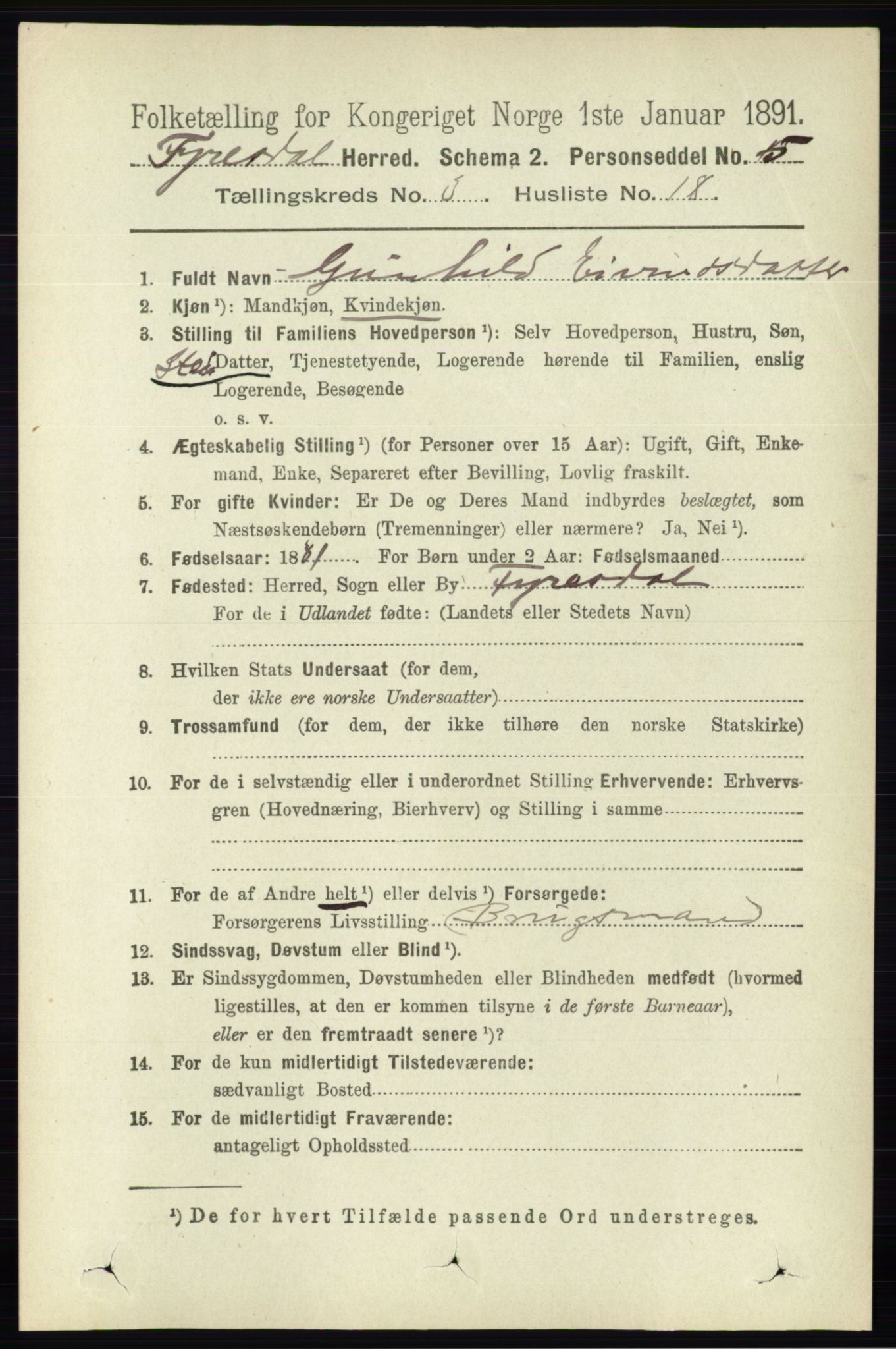 RA, 1891 census for 0831 Fyresdal, 1891, p. 572