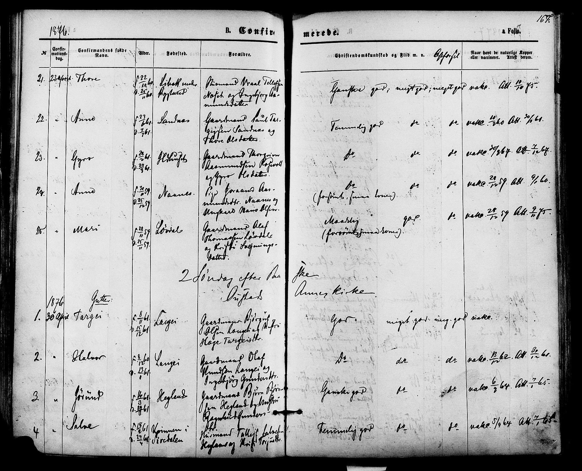 Bygland sokneprestkontor, AV/SAK-1111-0006/F/Fa/Fab/L0006: Parish register (official) no. A 6, 1873-1884, p. 167