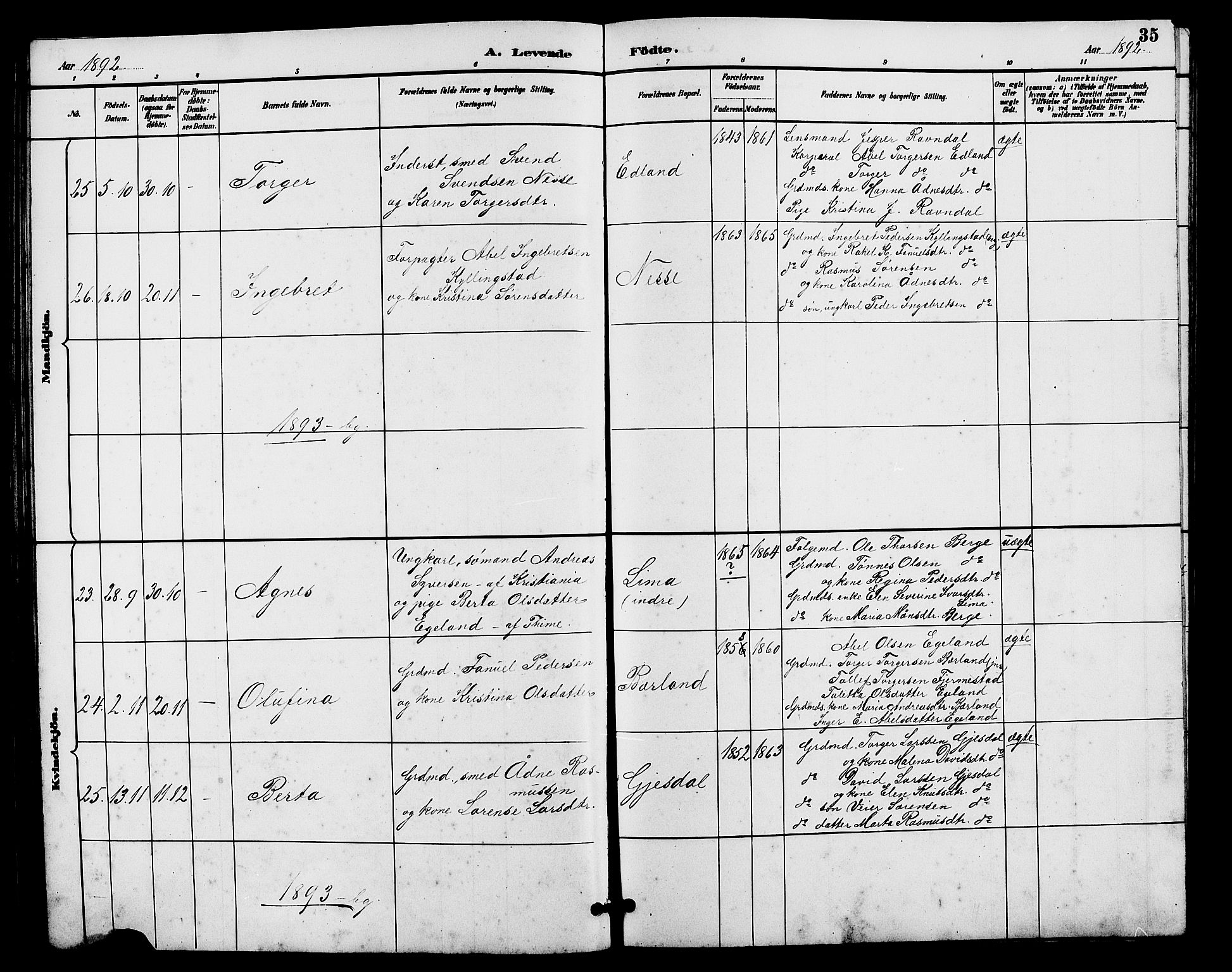 Lye sokneprestkontor, SAST/A-101794/001/30BB/L0008: Parish register (copy) no. B 7, 1887-1901, p. 35