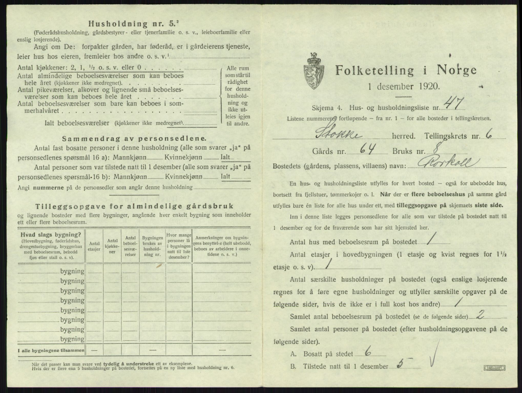 SAKO, 1920 census for Stokke, 1920, p. 1192